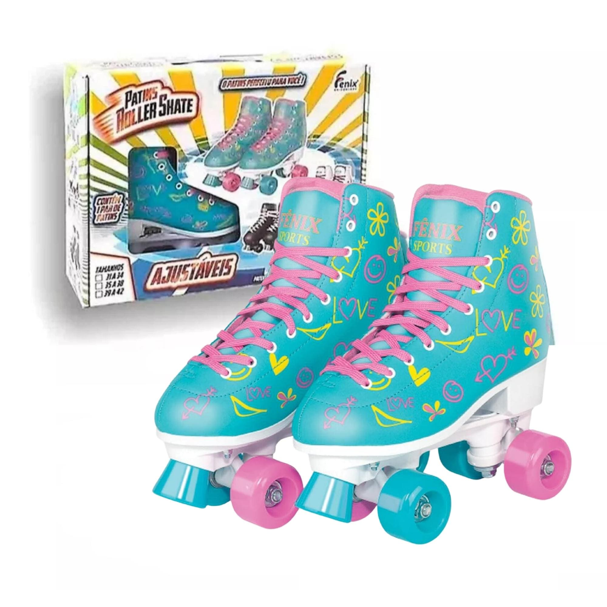 Par de Patins Radkal 4 Rodas Ajustaveis Tamanho 39 a 42 Azul Fenix Brinquedos Suporta 70Kg-RL-07A