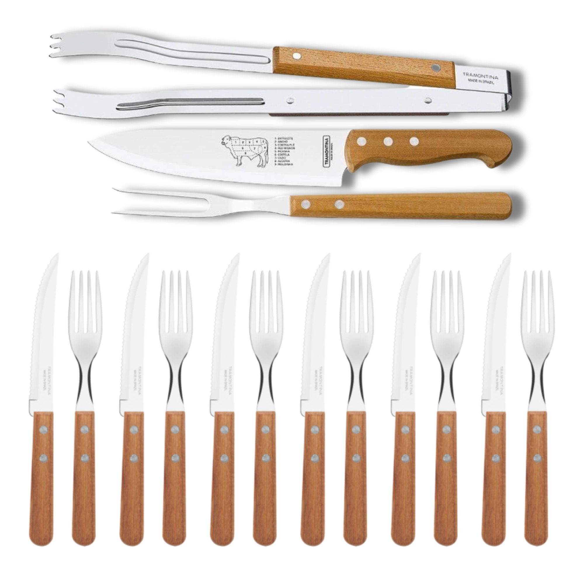 Jogo de Talheres Para Churrasco com Lâminas em Aço Inox e Cabos de Madeira Natural 15 Peças