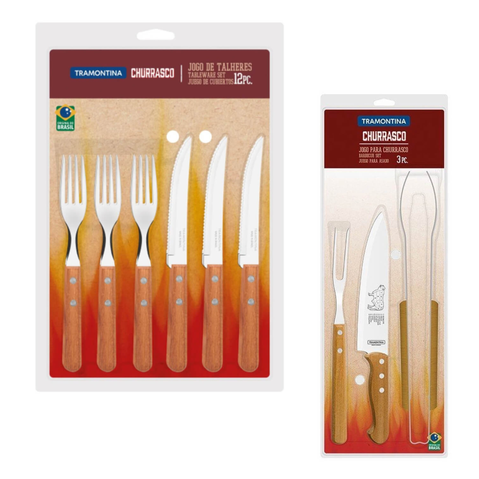 Jogo de Talheres Para Churrasco com Lâminas em Aço Inox e Cabos de Madeira Natural 15 Peças