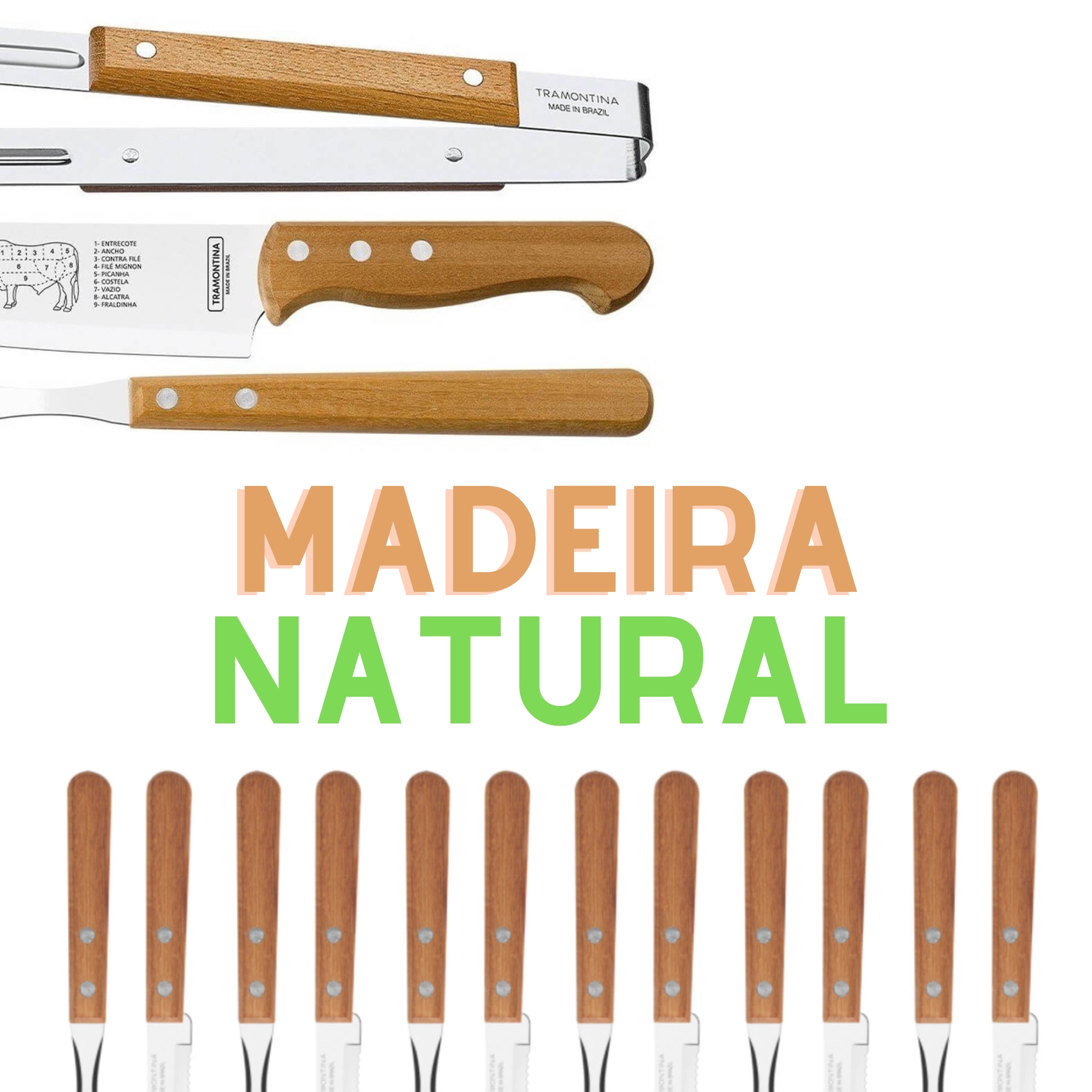 Jogo de Talheres Para Churrasco com Lâminas em Aço Inox e Cabos de Madeira Natural 15 Peças