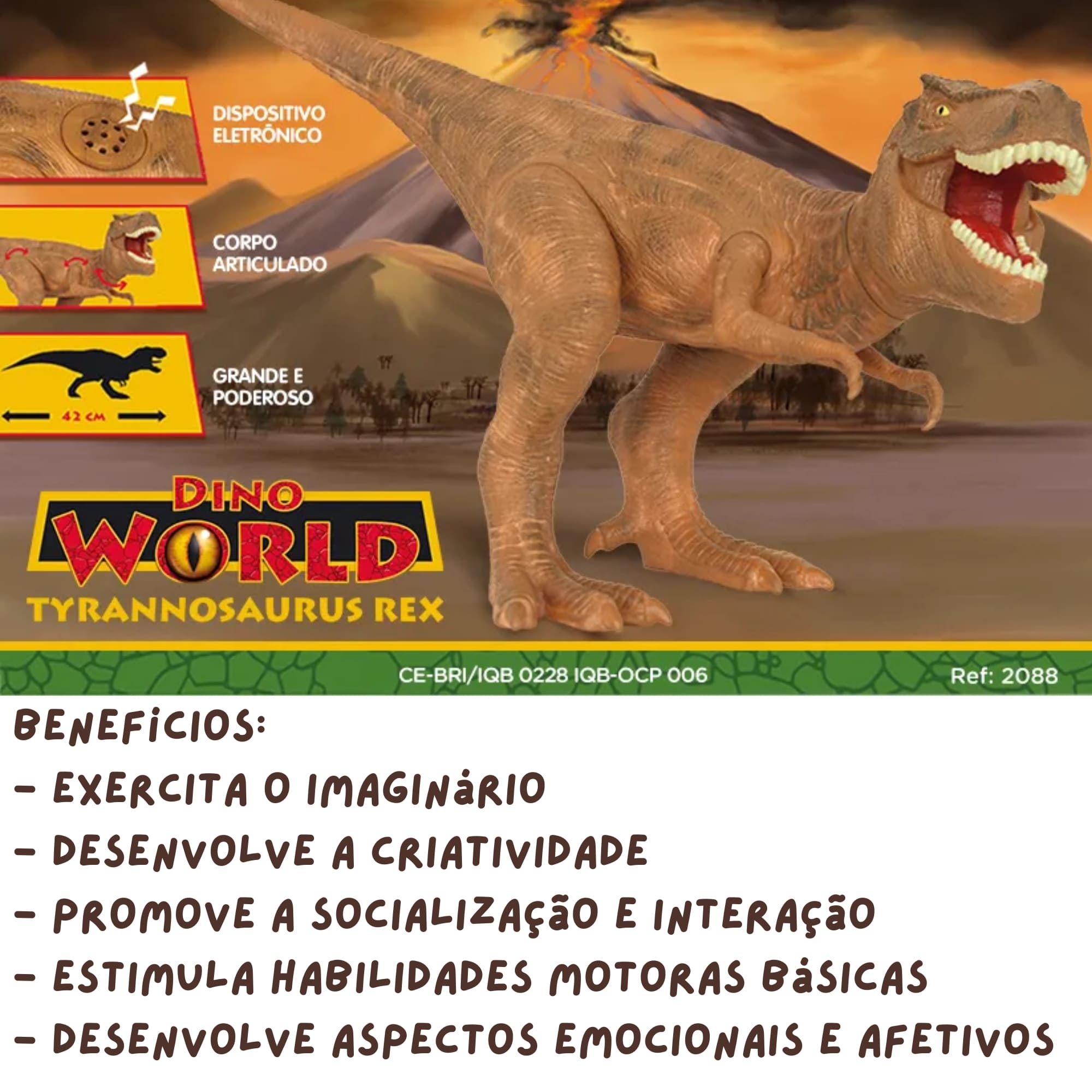 Boneco Dino World Kids Tyranossaurus Rex Faz Sons de Dinossauro de Verdade +3 Anos Cotiplás - 2088