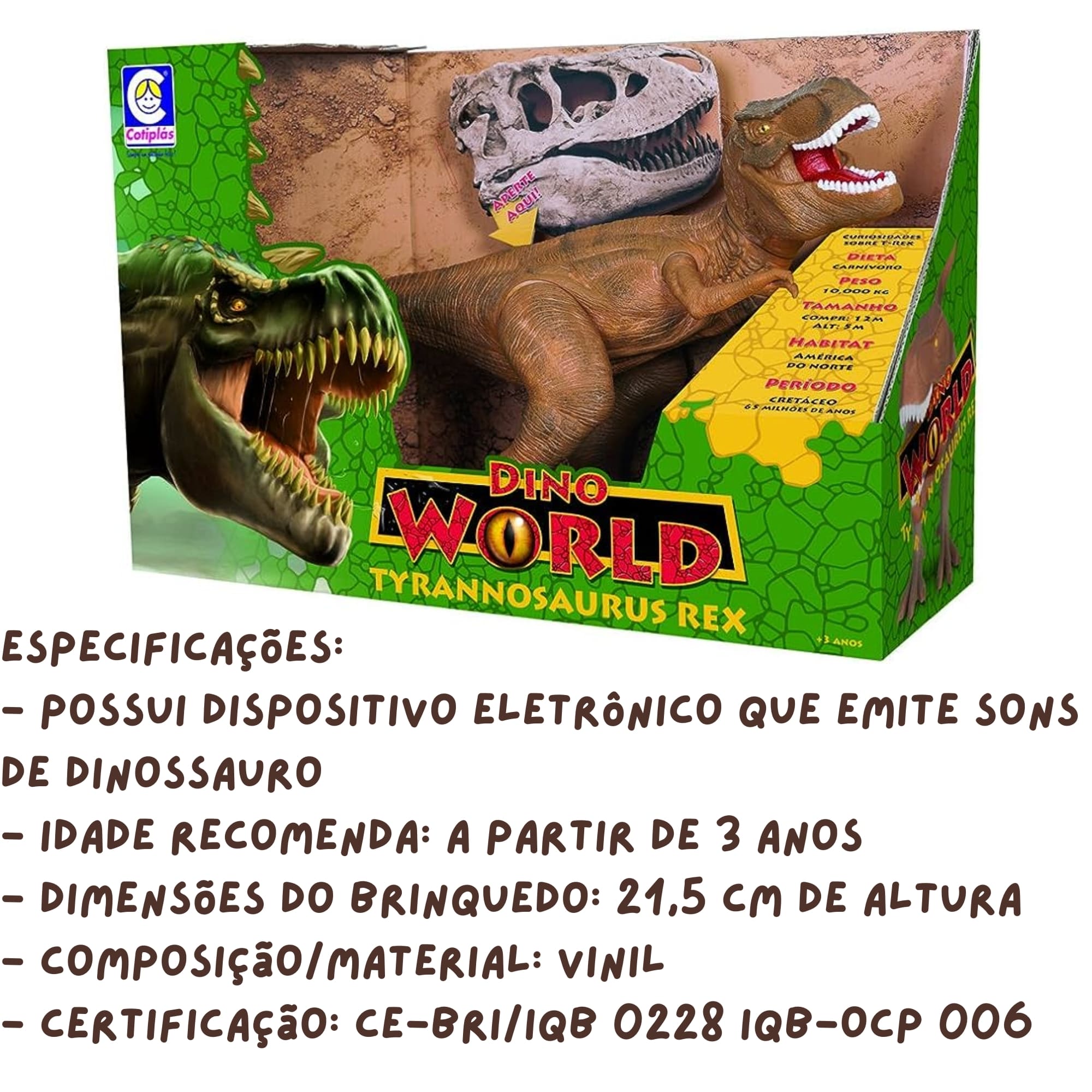Boneco Dino World Kids Tyranossaurus Rex Faz Sons de Dinossauro de Verdade +3 Anos Cotiplás - 2088