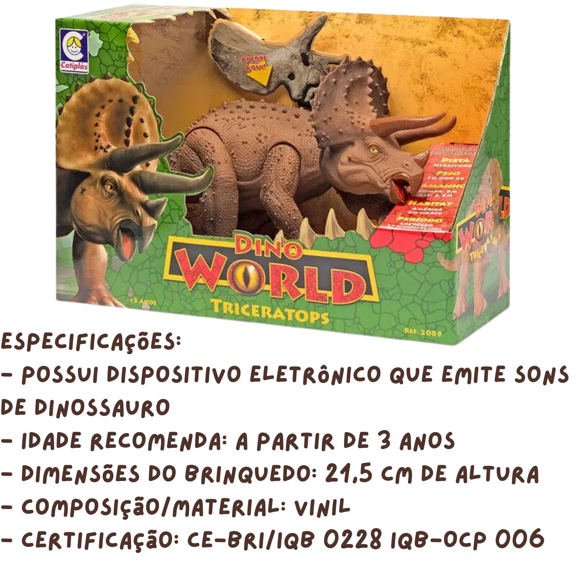 Boneco Dino World Kids Triceratops Faz Sons de Dinossauro de Verdade Cotiplás - 2089