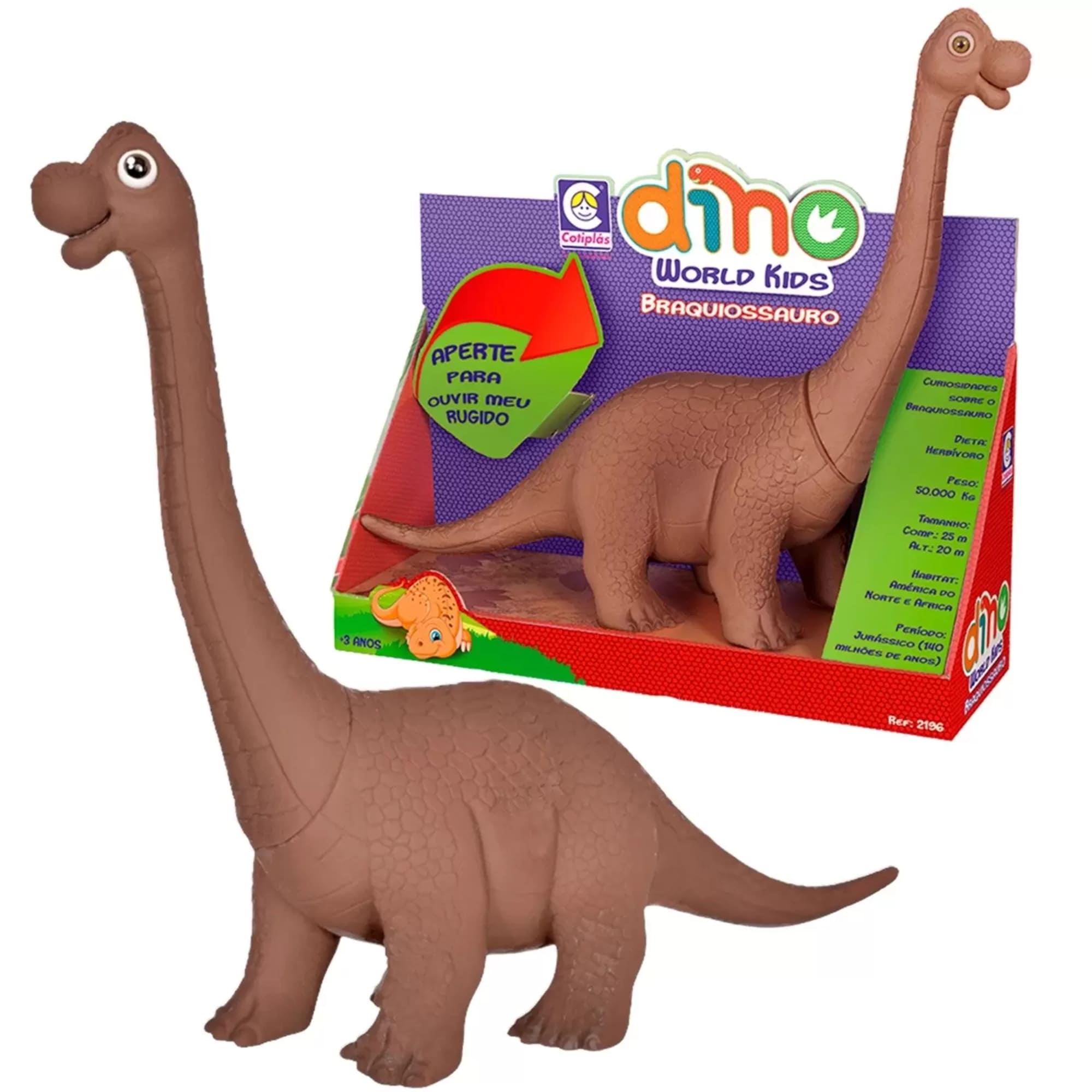 Boneco Dino World Kids Braquiossauro Marrom Sons de Dinossauro de Verdade +3 Anos Cotiplás - 2196