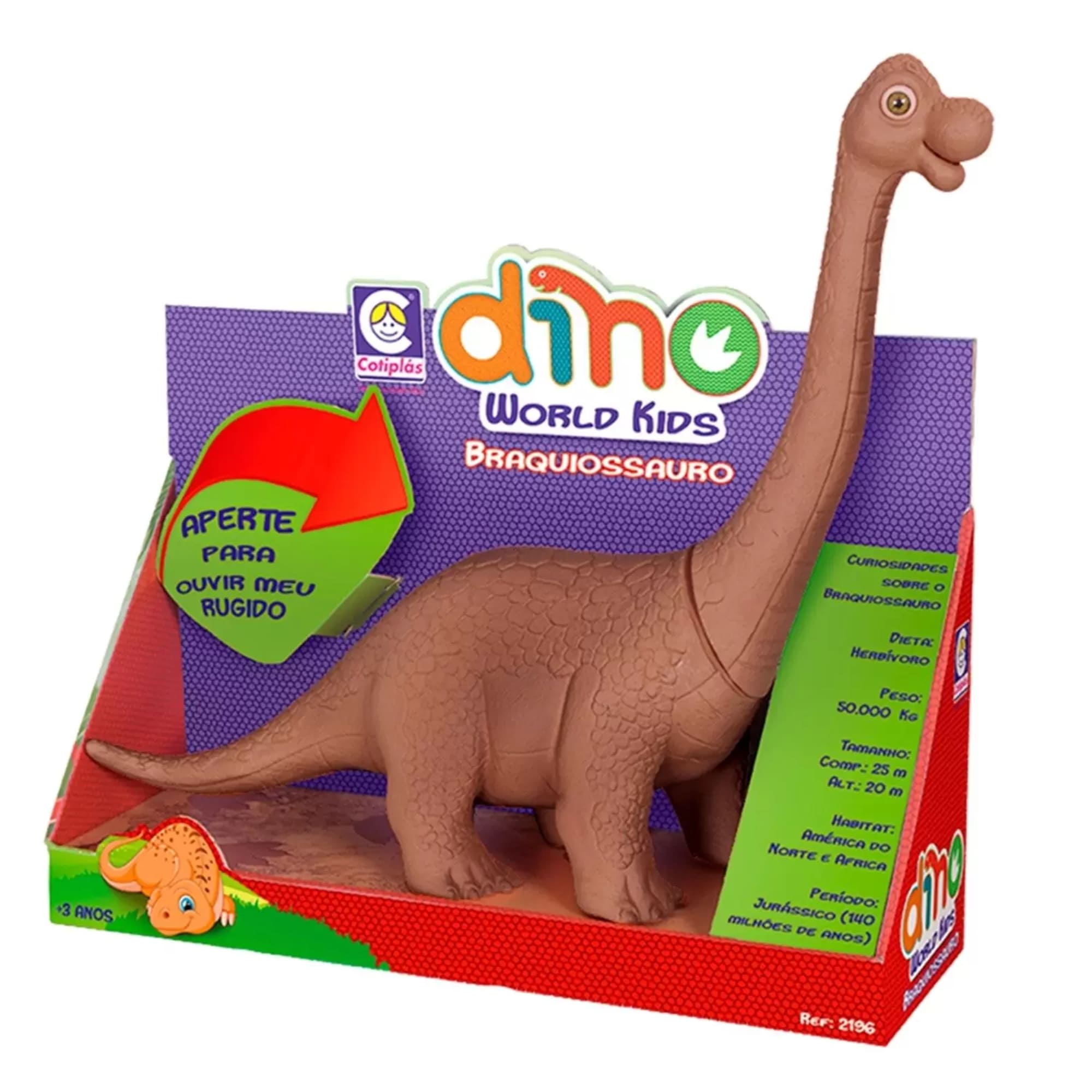 Boneco Dino World Kids Braquiossauro Marrom Sons de Dinossauro de Verdade +3 Anos Cotiplás - 2196