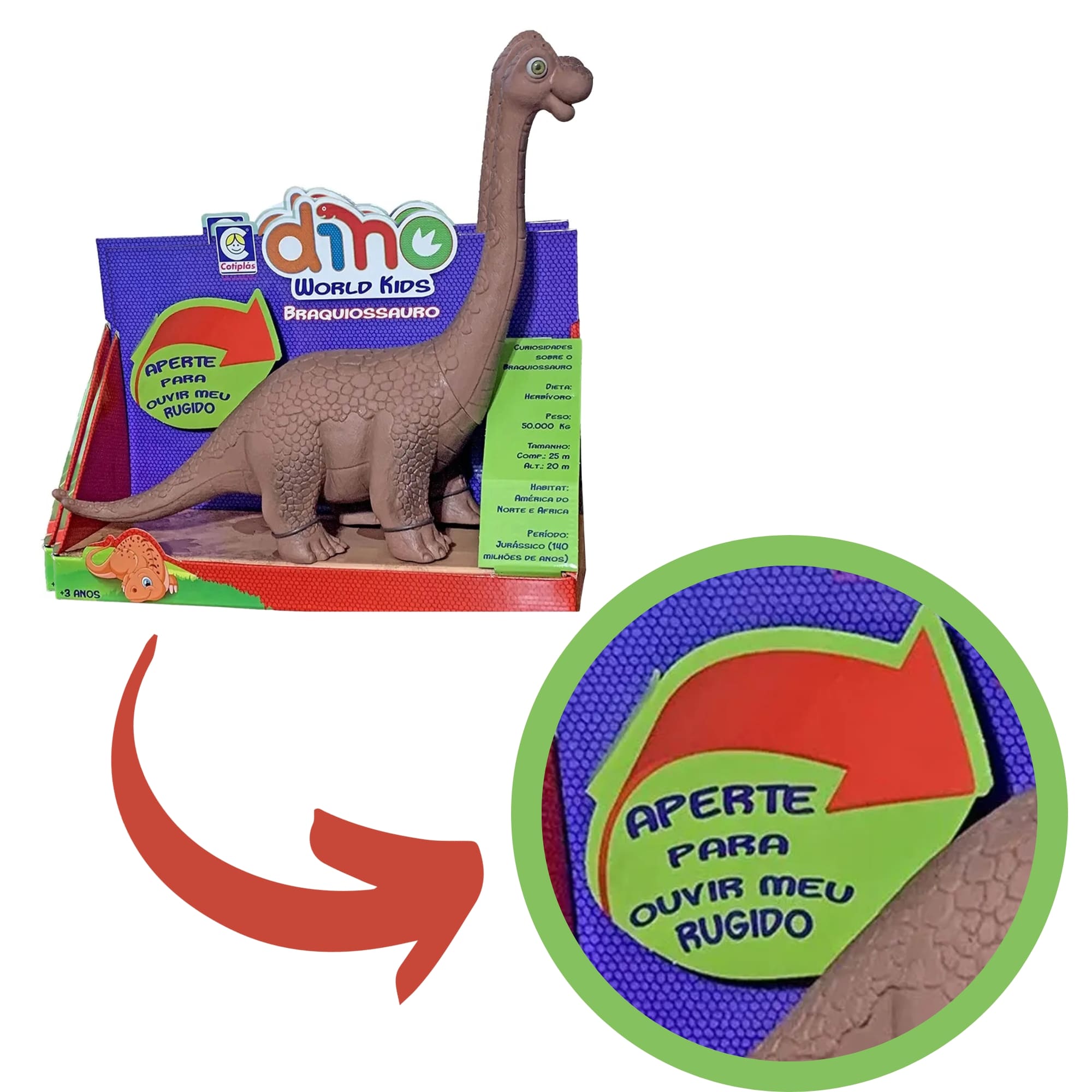 Boneco Dino World Kids Braquiossauro Marrom Sons de Dinossauro de Verdade +3 Anos Cotiplás - 2196