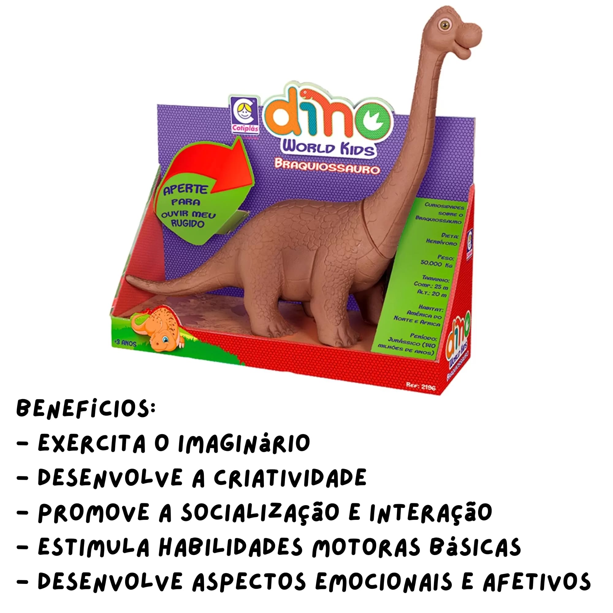 Boneco Dino World Kids Braquiossauro Marrom Sons de Dinossauro de Verdade +3 Anos Cotiplás - 2196