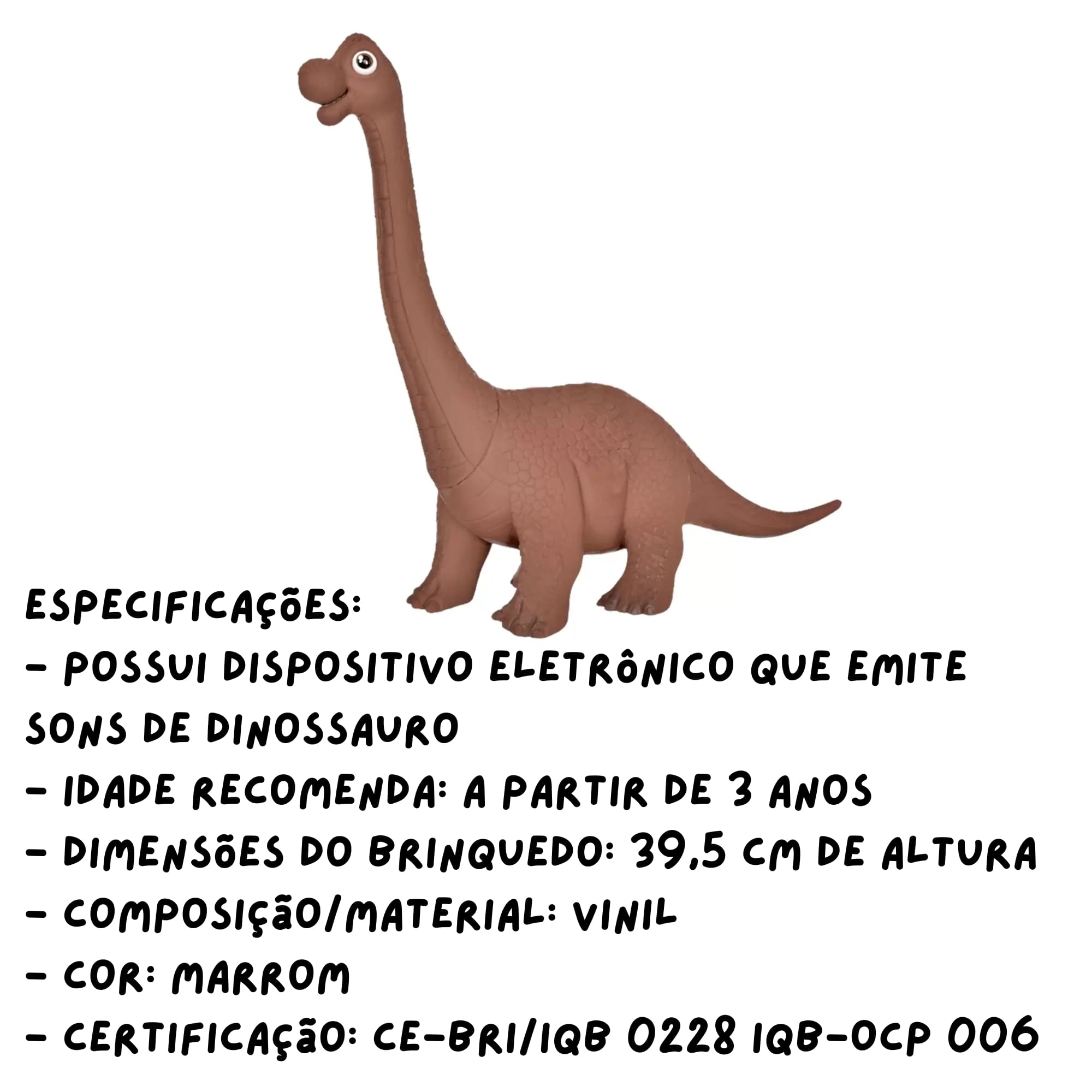 Boneco Dino World Kids Braquiossauro Marrom Sons de Dinossauro de Verdade +3 Anos Cotiplás - 2196