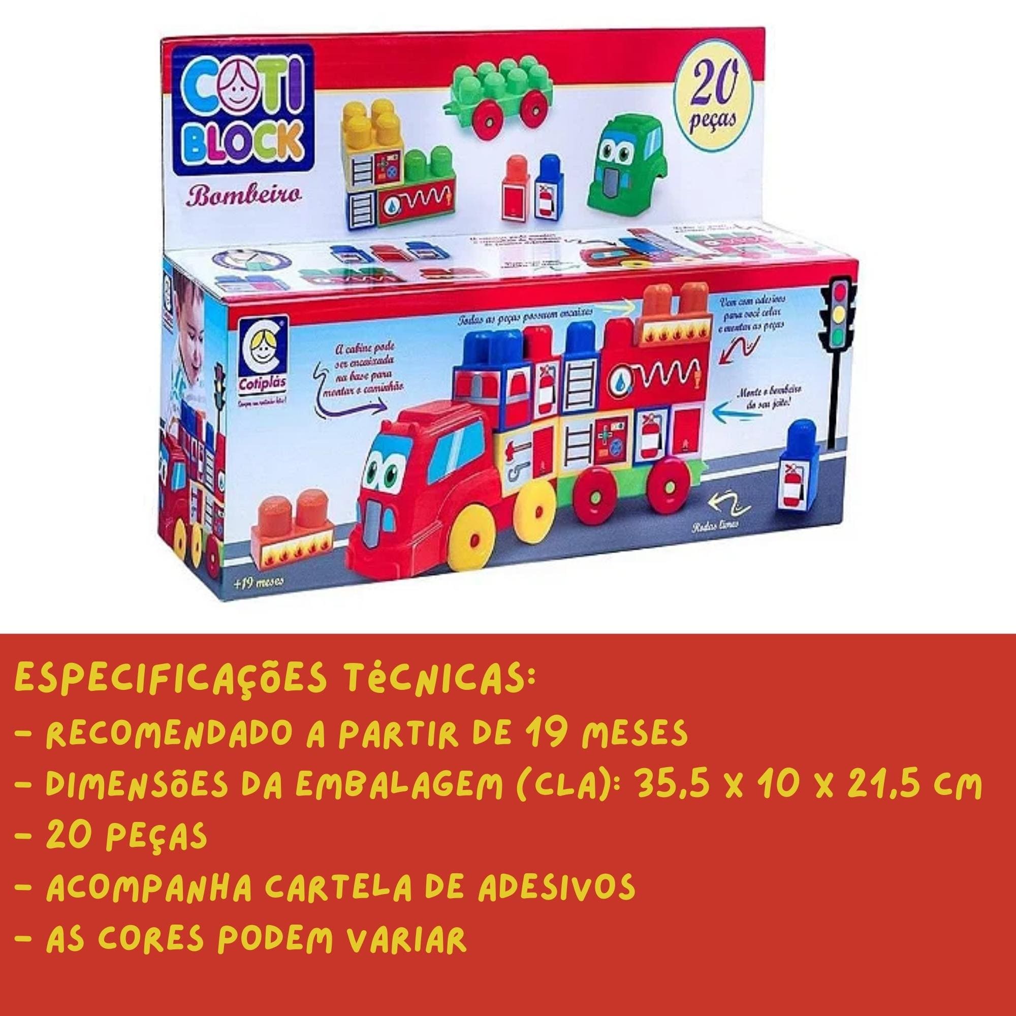 Brinquedo de Montar Coti Bloco Caminhão de Bombeiro Cor Sortida 20 Peças Cotiplás - 2355