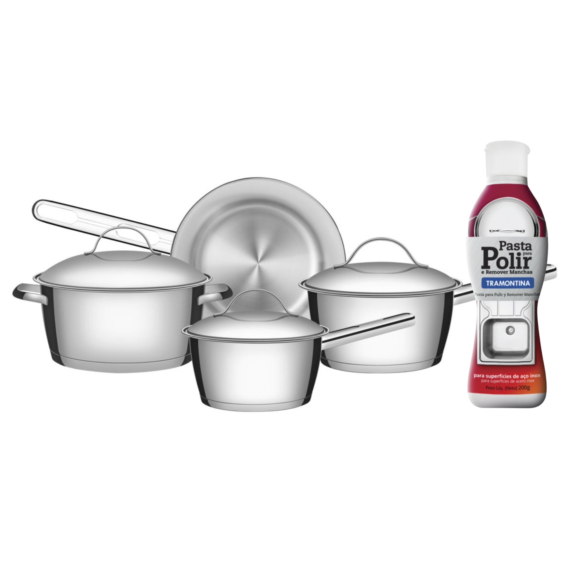 COMP Jogo de Panelas Aço Inox 4 Peças Allegra + Pasta para Polir e Remover Manchas Tramontina