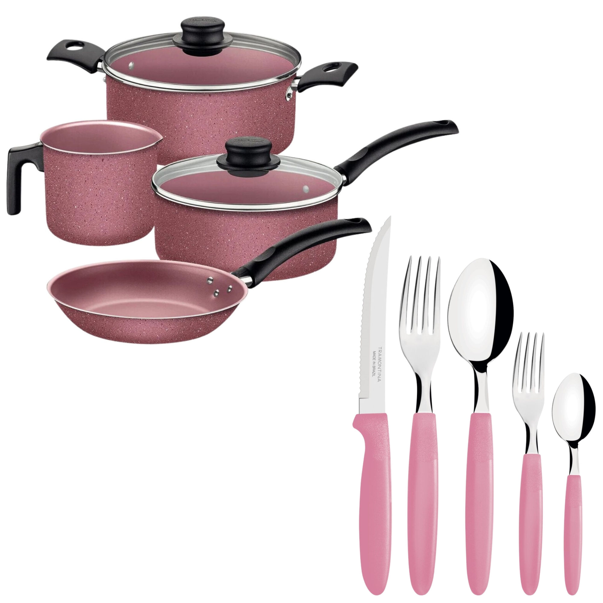 COMP Kit Jogo de Panelas 4 Peças em Alumínio Antiaderente Starflon Max + Faqueiro Ipanema 30 Peças Inox Rosa Tramontina