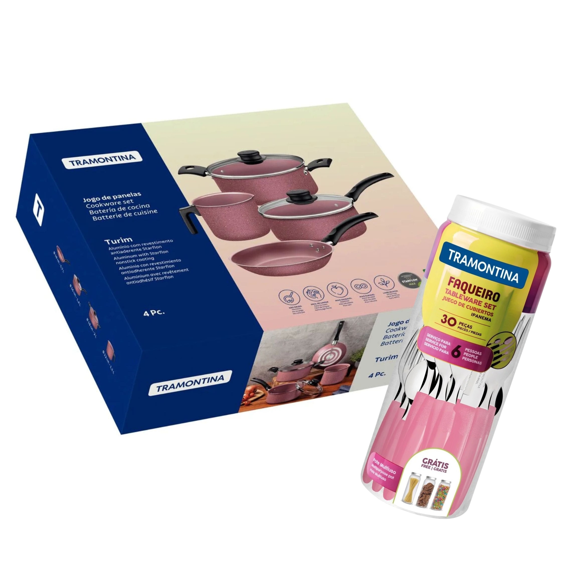COMP Kit Jogo de Panelas 4 Peças em Alumínio Antiaderente Starflon Max + Faqueiro Ipanema 30 Peças Inox Rosa Tramontina