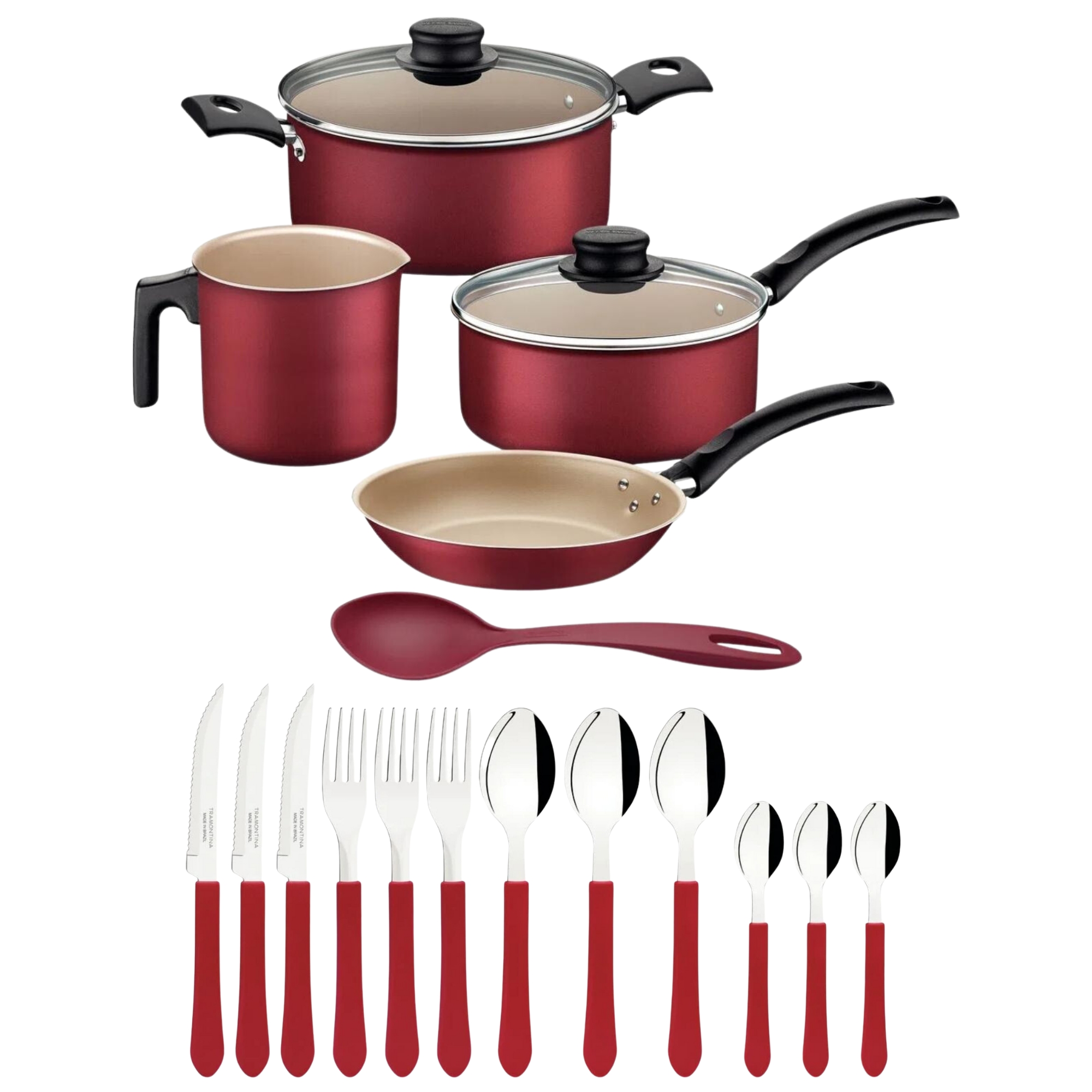 COMP Kit Jogo de Panelas 5 Peças em Alumínio Antiaderente Starflon Max +Faqueiro Ipanema 12 Pçs Inox Vermelho Tramontina