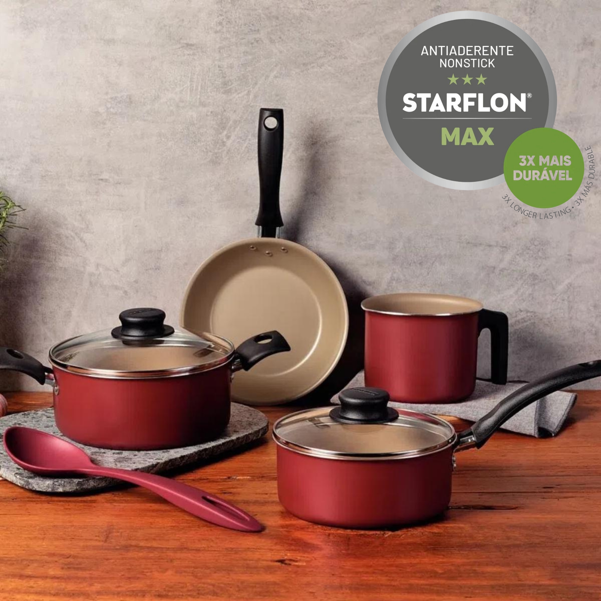 COMP Kit Jogo de Panelas 5 Peças em Alumínio Antiaderente Starflon Max +Faqueiro Ipanema 12 Pçs Inox Vermelho Tramontina
