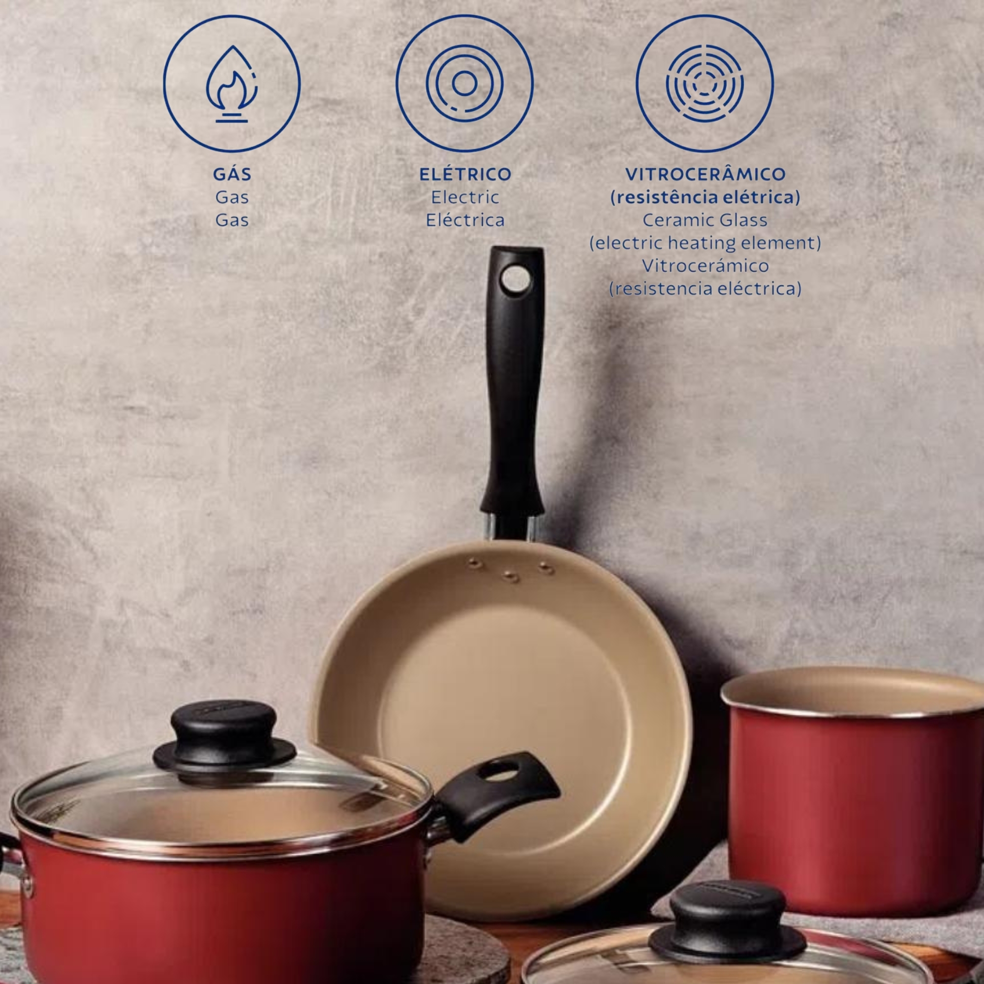 COMP Kit Jogo de Panelas 5 Peças em Alumínio Antiaderente Starflon Max +Faqueiro Ipanema 12 Pçs Inox Vermelho Tramontina