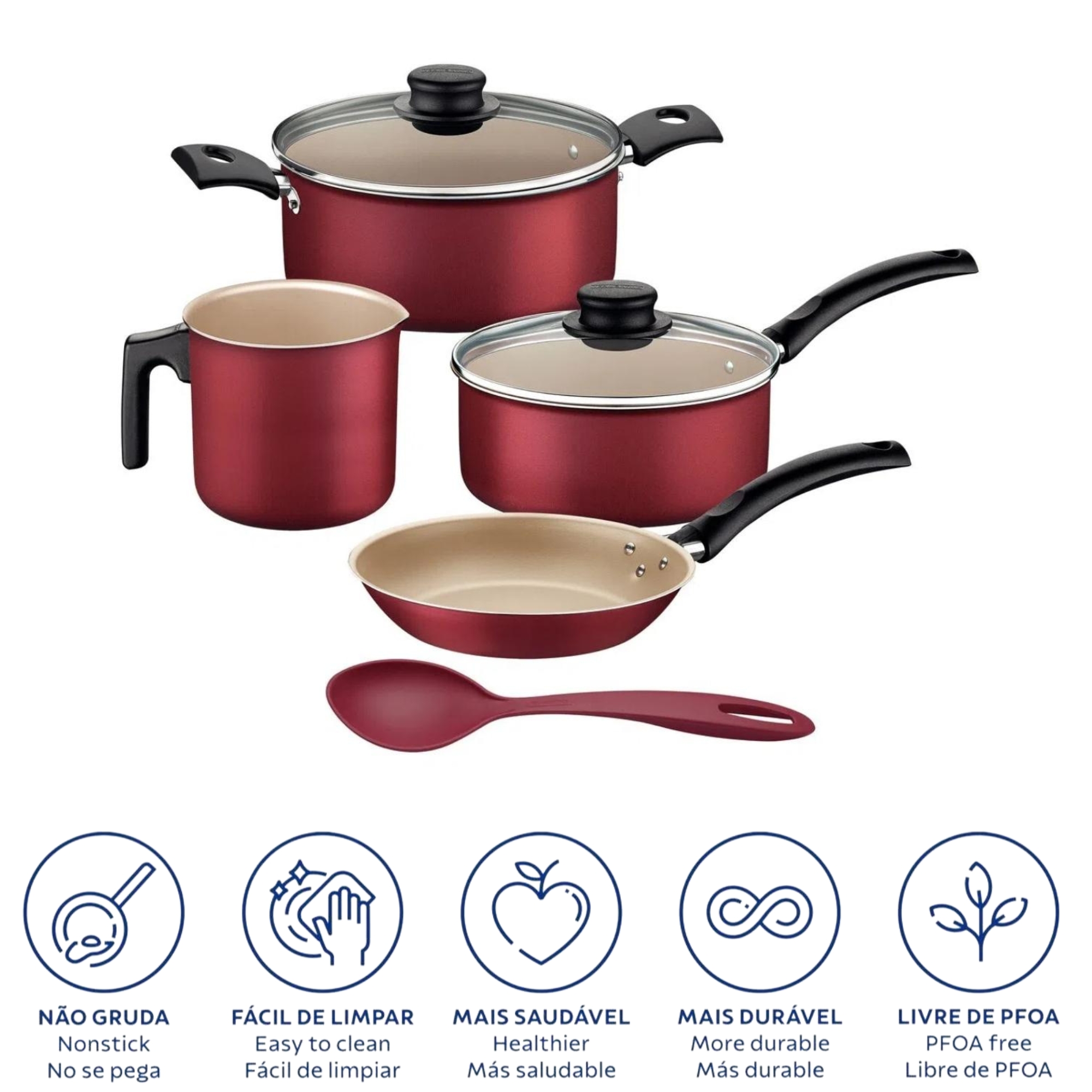 COMP Kit Jogo de Panelas 5 Peças em Alumínio Antiaderente Starflon Max +Faqueiro Ipanema 12 Pçs Inox Vermelho Tramontina