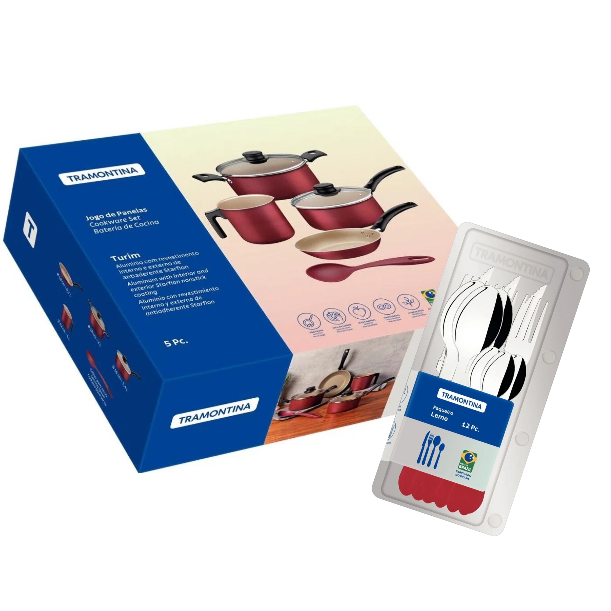 COMP Kit Jogo de Panelas 5 Peças em Alumínio Antiaderente Starflon Max +Faqueiro Ipanema 12 Pçs Inox Vermelho Tramontina
