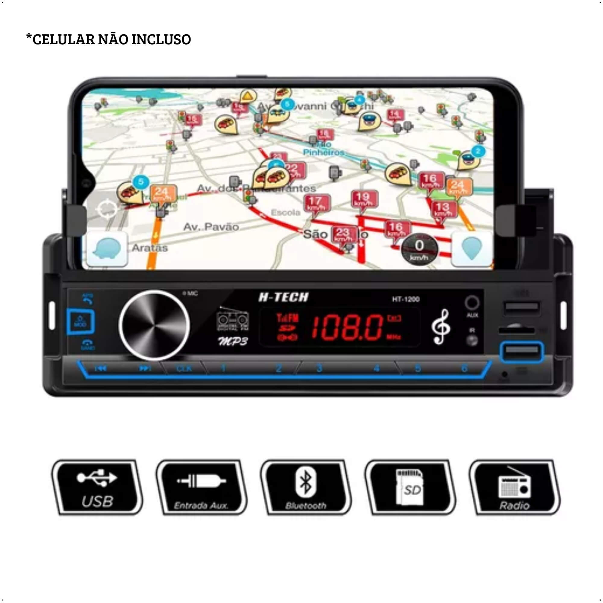 Rádio Automotivo Com Suporte Para Celular USB/SD/Auxiliar/Bluetooth Controle 4X25W-H-Tech HT-1200
