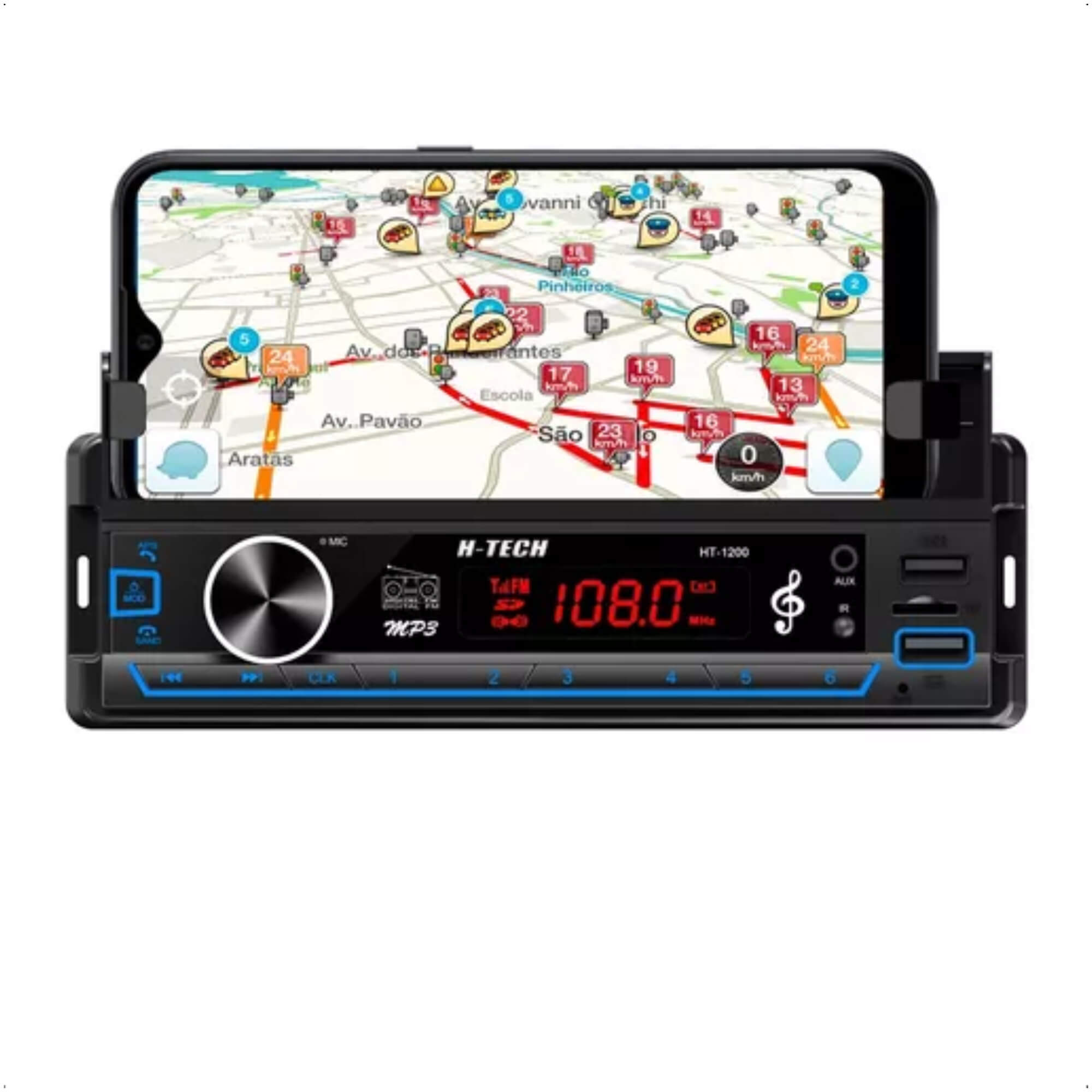 Rádio Automotivo Com Suporte Para Celular USB/SD/Auxiliar/Bluetooth Controle 4X25W-H-Tech HT-1200