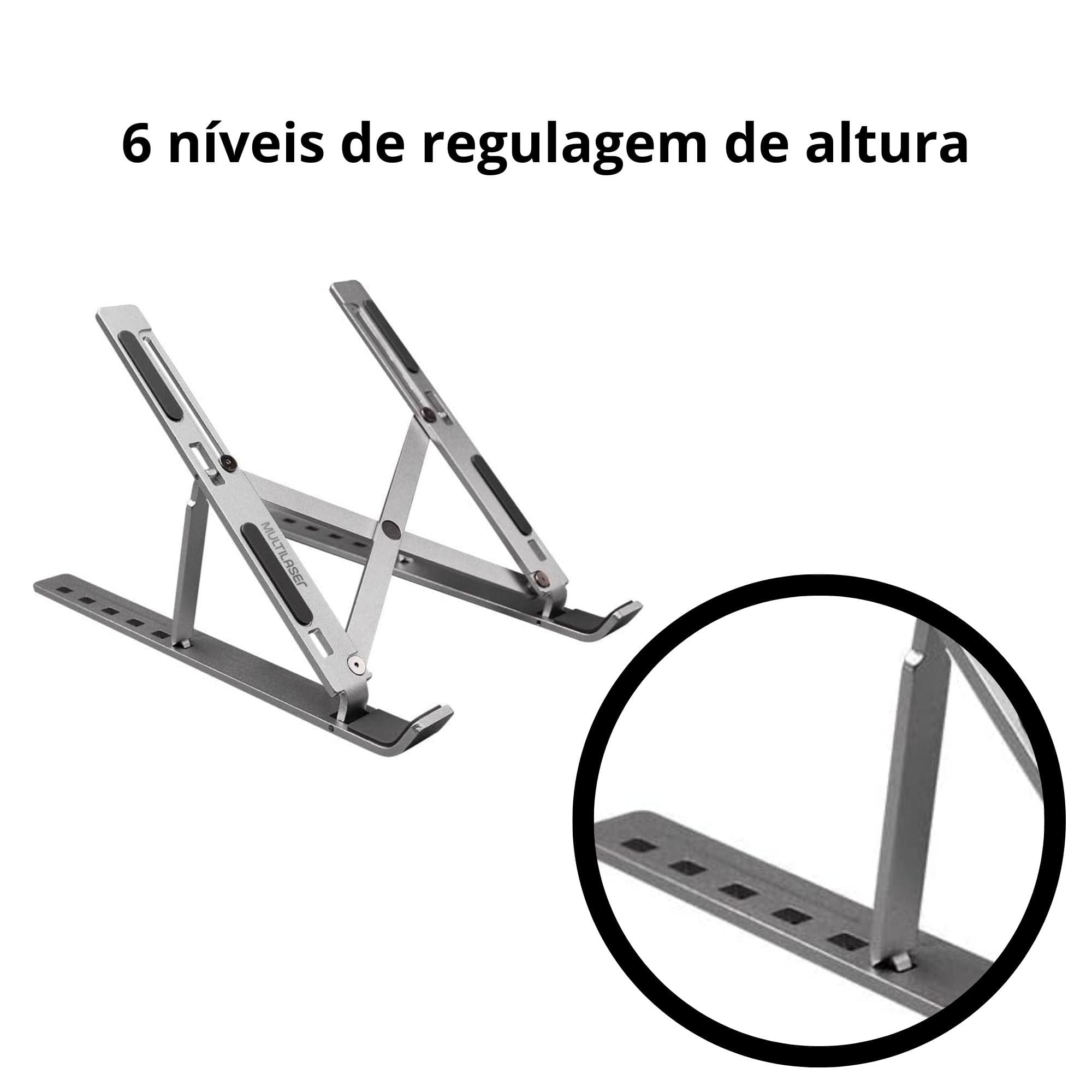 Suporte para Notebook ou Tablet Regulável e Portátil em Alumínio Cor Prata Multilaser - AC378