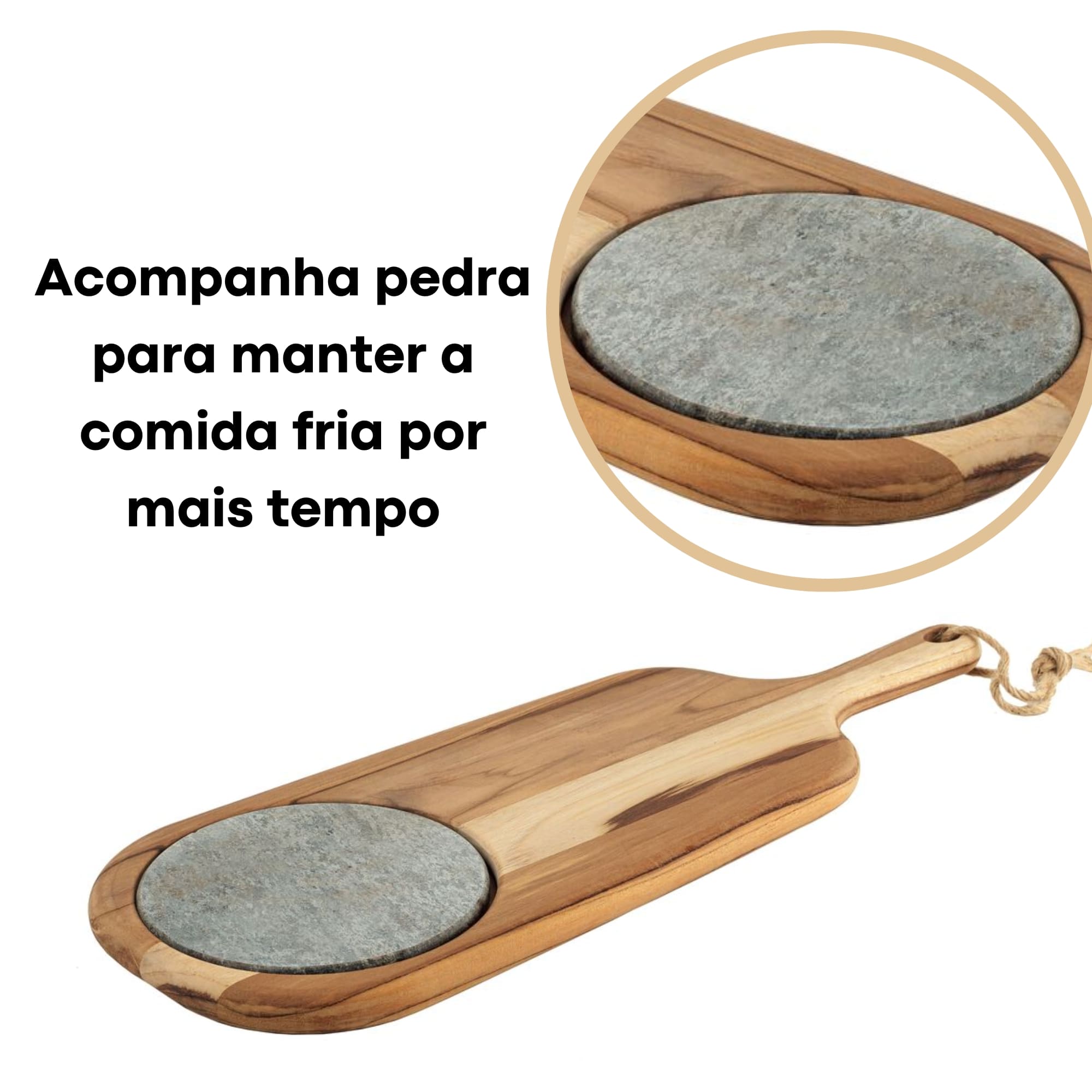 Tábua de Queijos e Frios 49x18 cm em Madeira Teca FSC Tratada Acompanha Pedra Tramontina - 10239735