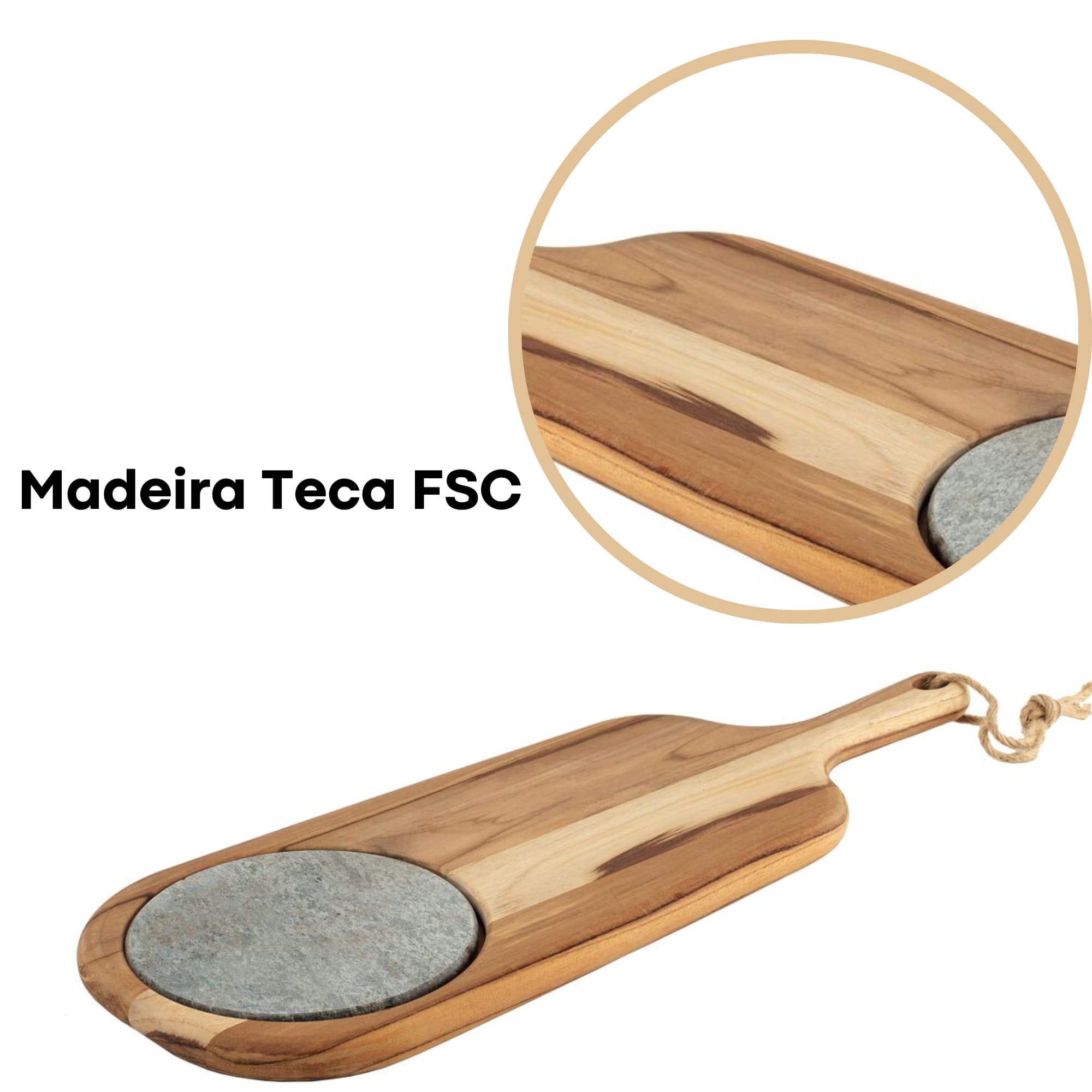 Tábua de Queijos e Frios 49x18 cm em Madeira Teca FSC Tratada Acompanha Pedra Tramontina - 10239735
