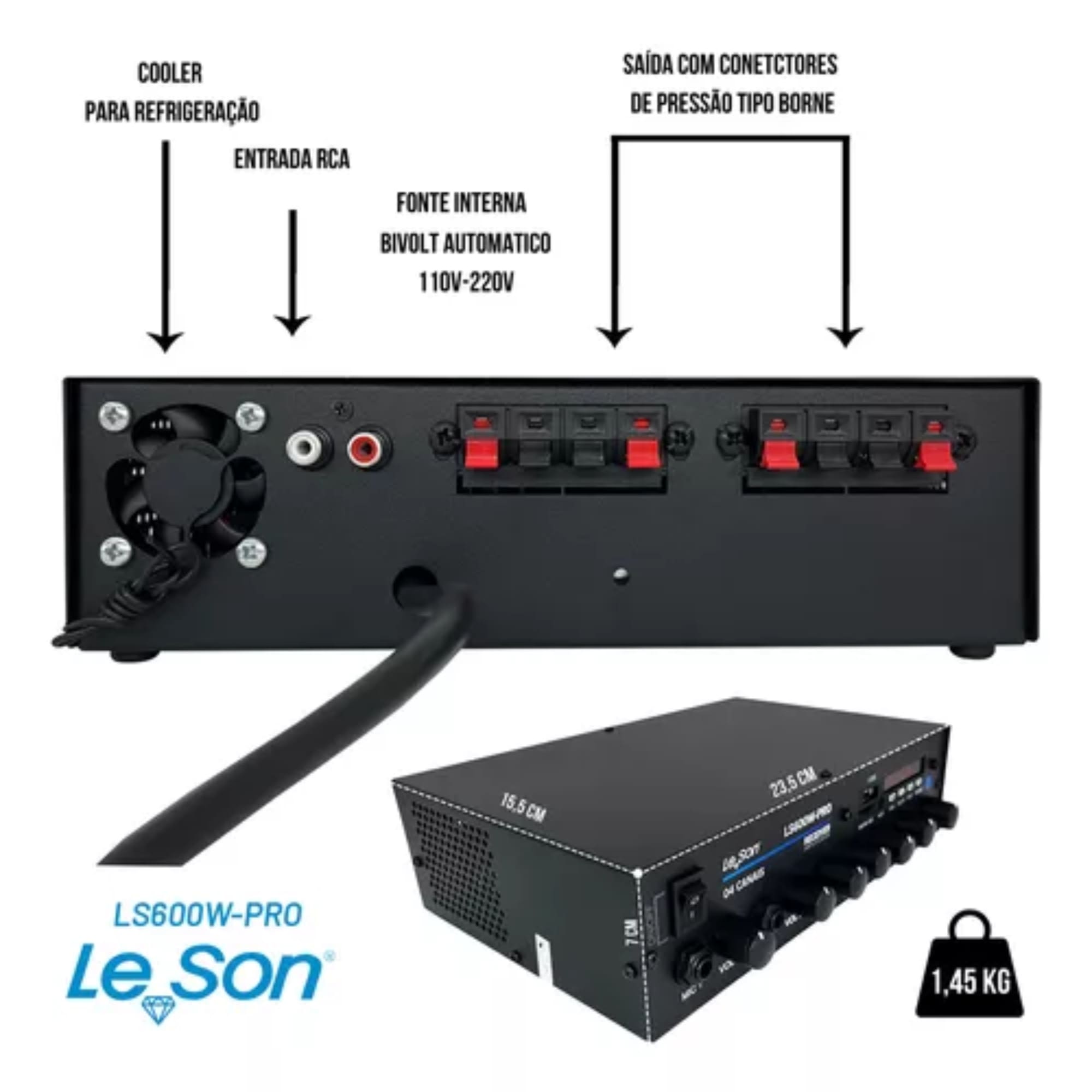 Amplificador Receiver Bluetooth 4 Canais USB, MicroSD, RCA, Auxil LS600 Pro Class D Leson 2AMPLSPRO