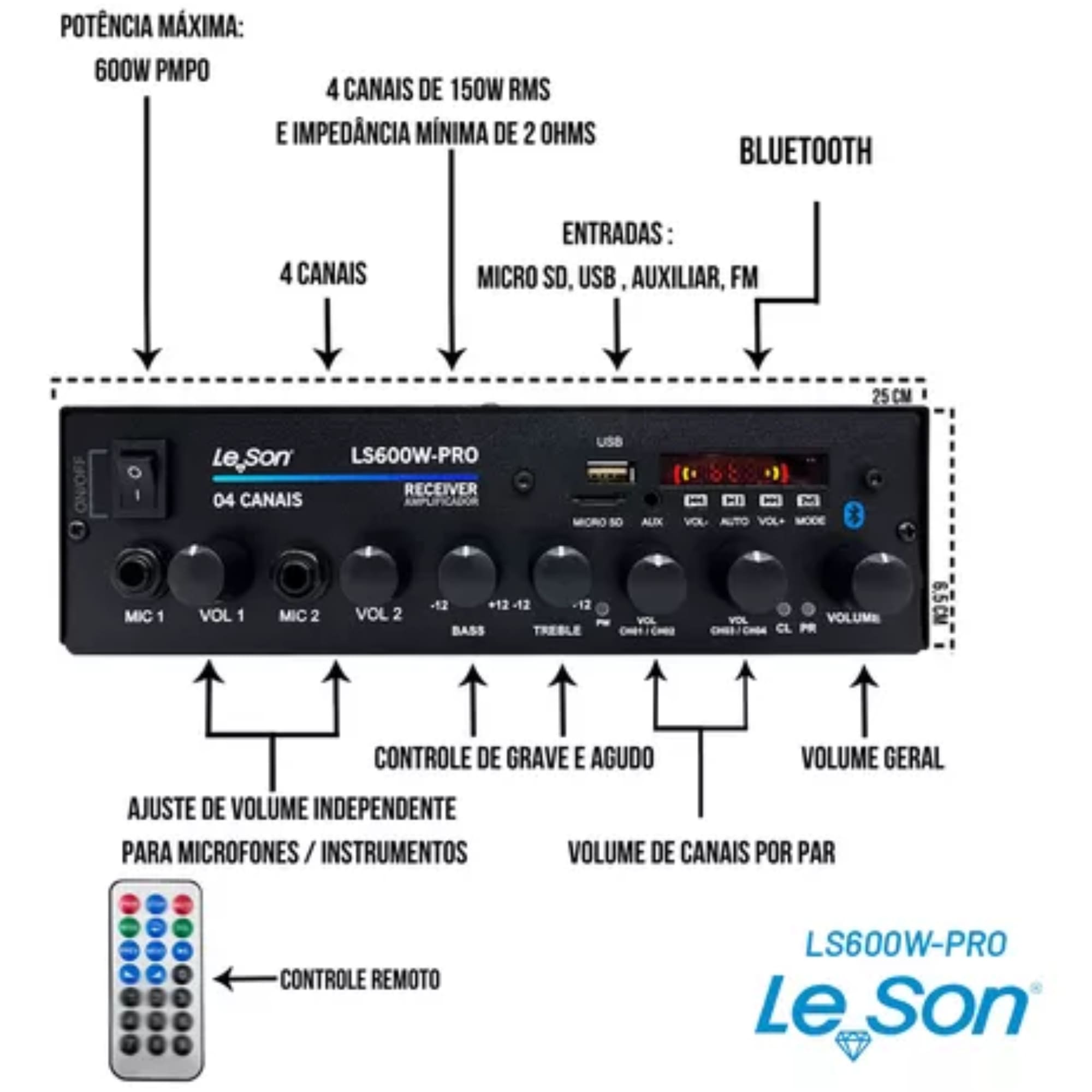 Amplificador Receiver Bluetooth 4 Canais USB, MicroSD, RCA, Auxil LS600 Pro Class D Leson 2AMPLSPRO