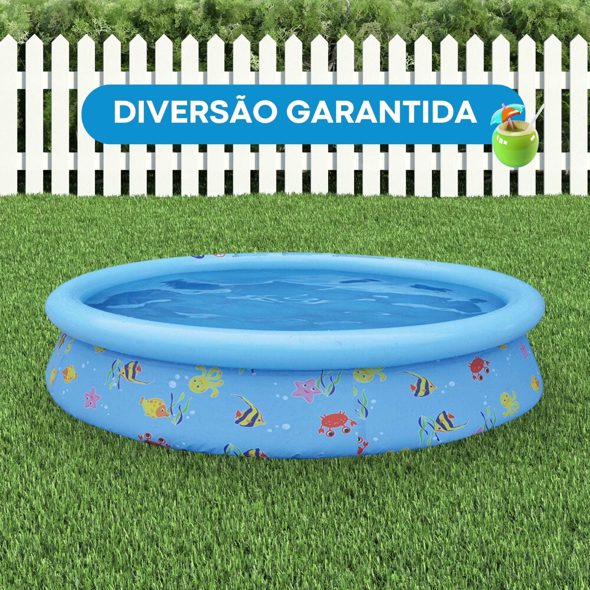 COMP Kit Piscina Inflável Infantil 1.000 Litros Estampa Divertida PVC 1,68m x 51cm + Bomba de Ar