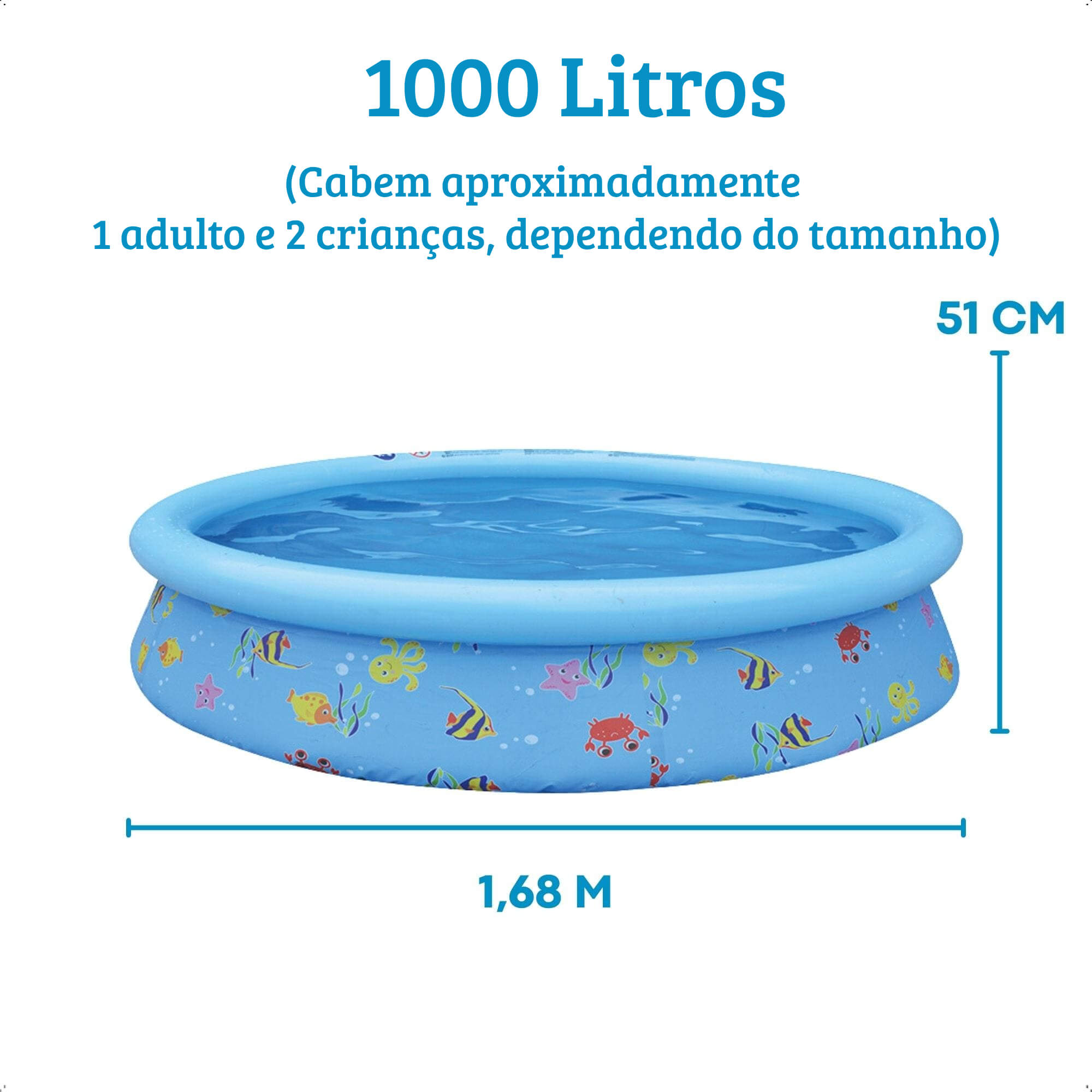 COMP Kit Piscina Inflável Infantil 1.000 Litros Estampa Divertida PVC 1,68m x 51cm + Bomba de Ar