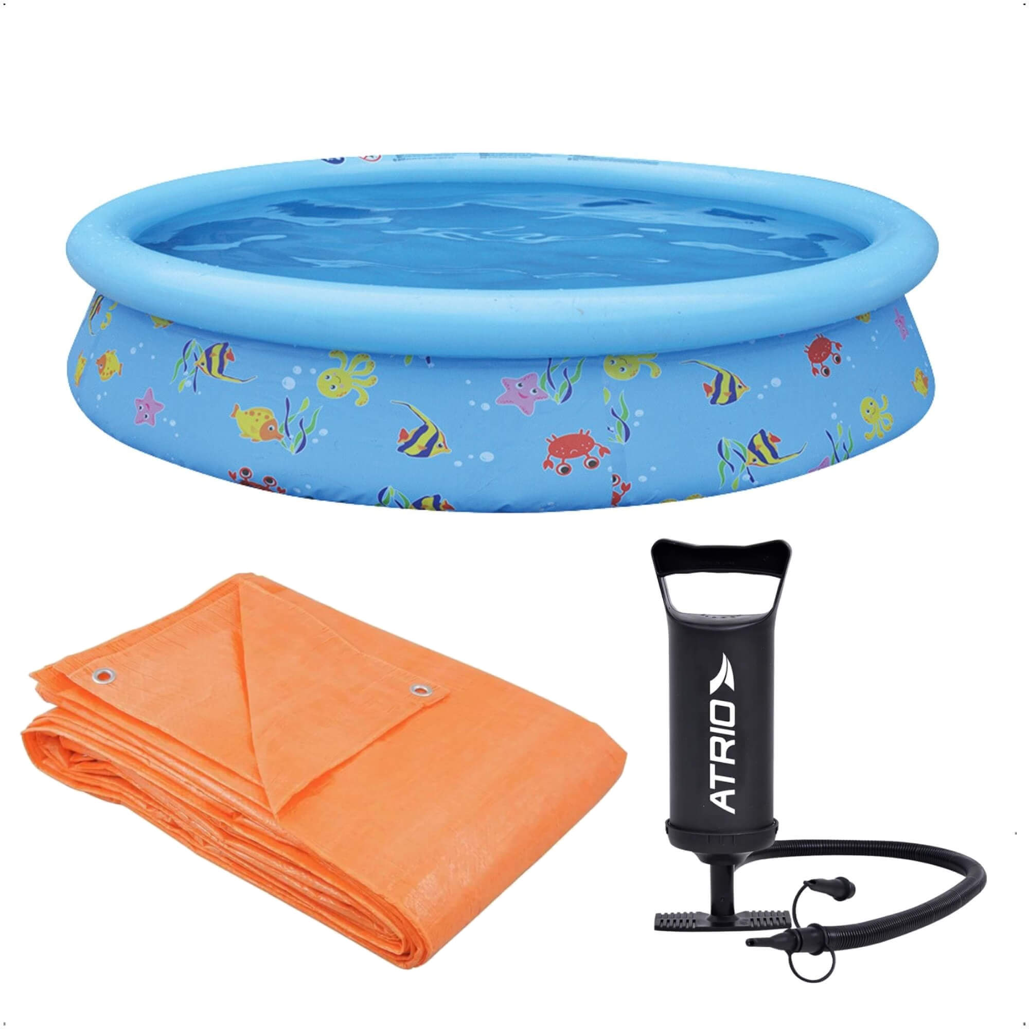 Kit Piscina Inflável Infantil 1.000 Litros Estampa Divertida PVC 1,68m x 51cm + Bomba de Ar + Lona 3x3