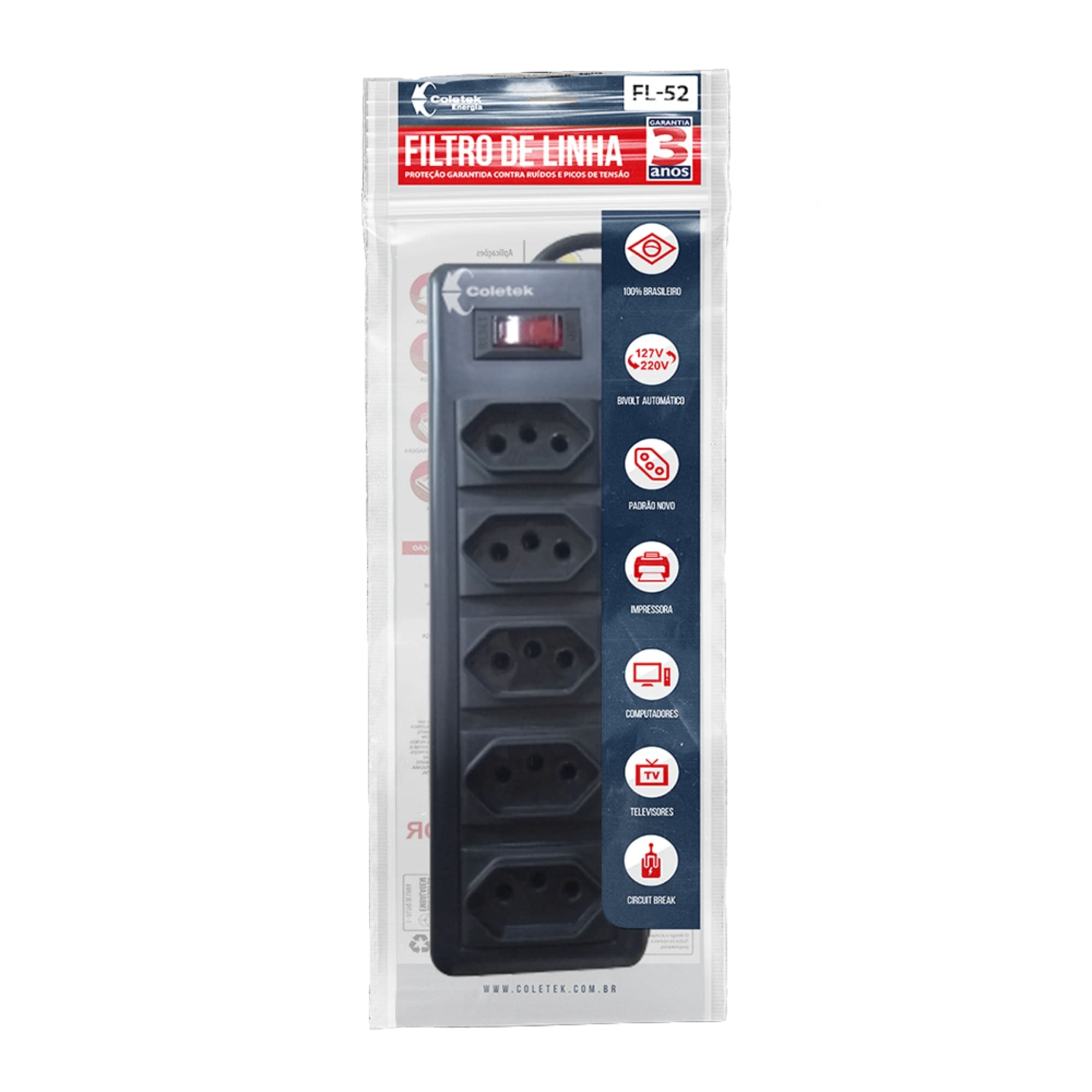 Extensão Filtro de Linha com 5 Tomadas Bivolt Preto Coletek Energia 120/220V - FL-52BK