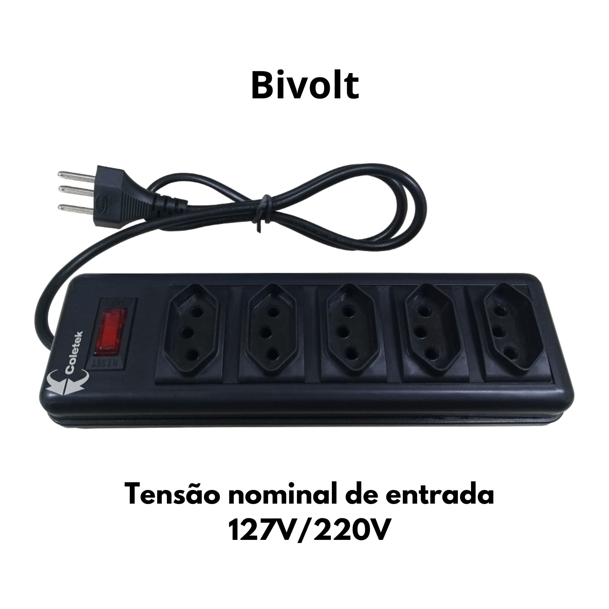 Extensão Filtro de Linha com 5 Tomadas Bivolt Preto Coletek Energia 120/220V - FL-52BK
