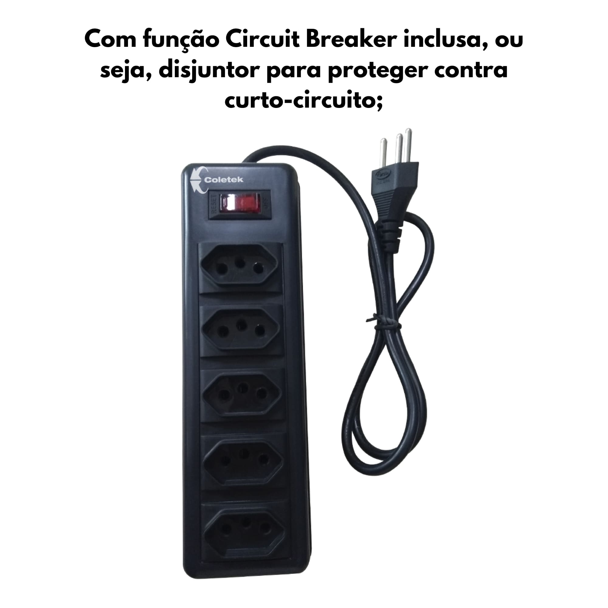 Extensão Filtro de Linha com 5 Tomadas Bivolt Preto Coletek Energia 120/220V - FL-52BK