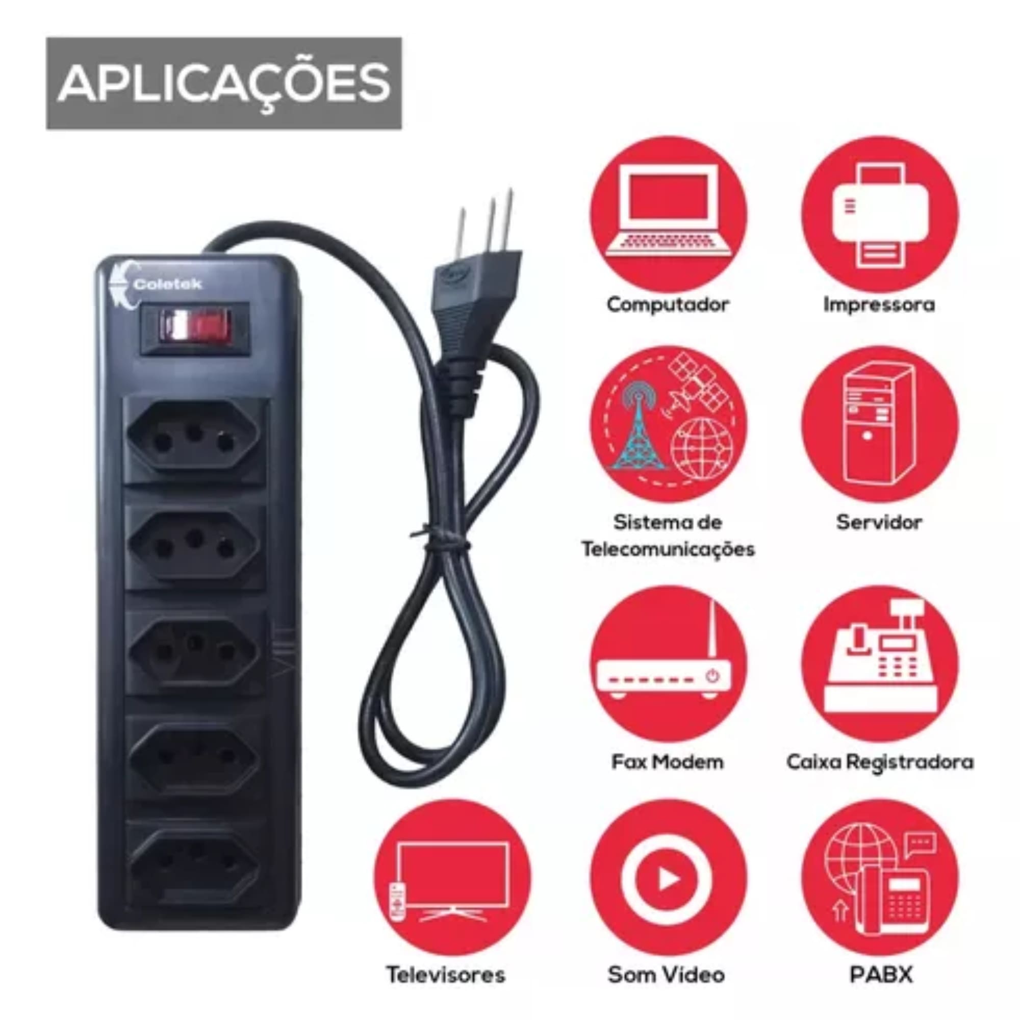 Extensão Filtro de Linha com 5 Tomadas Bivolt Preto Coletek Energia 120/220V - FL-52BK