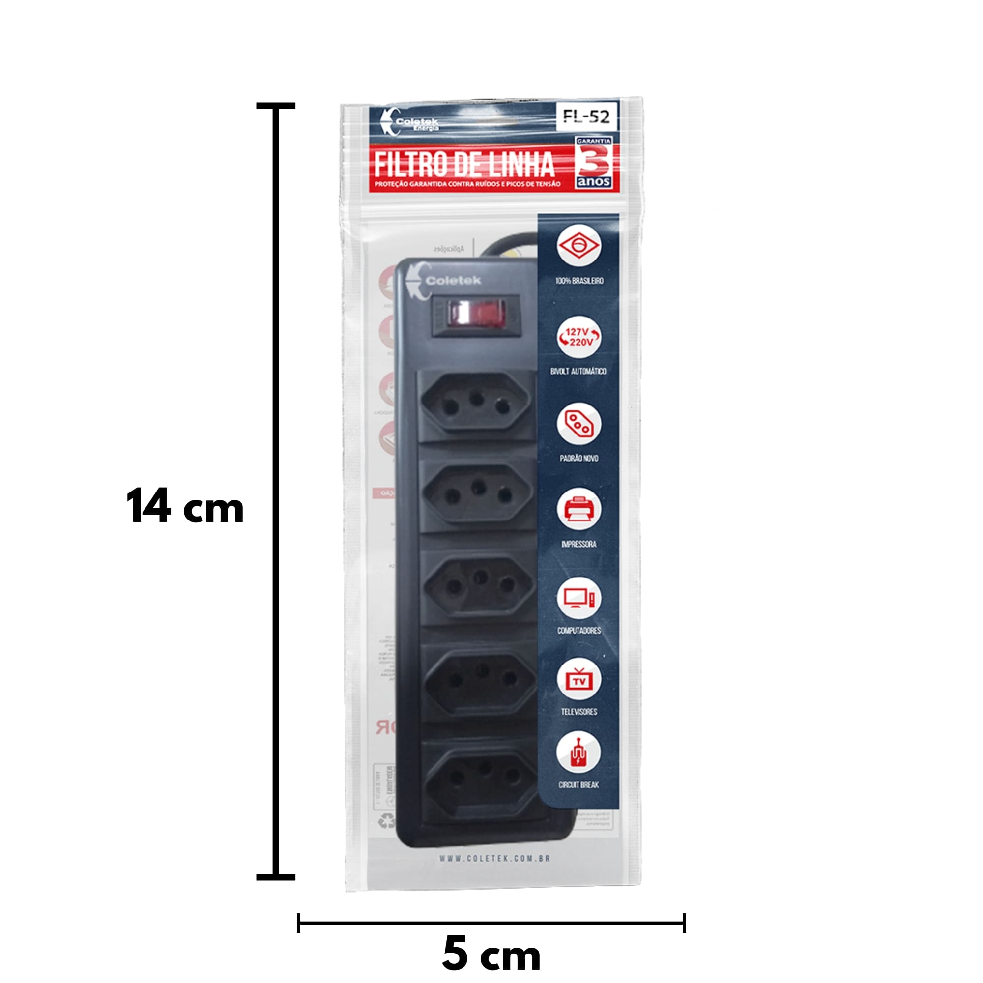 Extensão Filtro de Linha com 5 Tomadas Bivolt Preto Coletek Energia 120/220V - FL-52BK