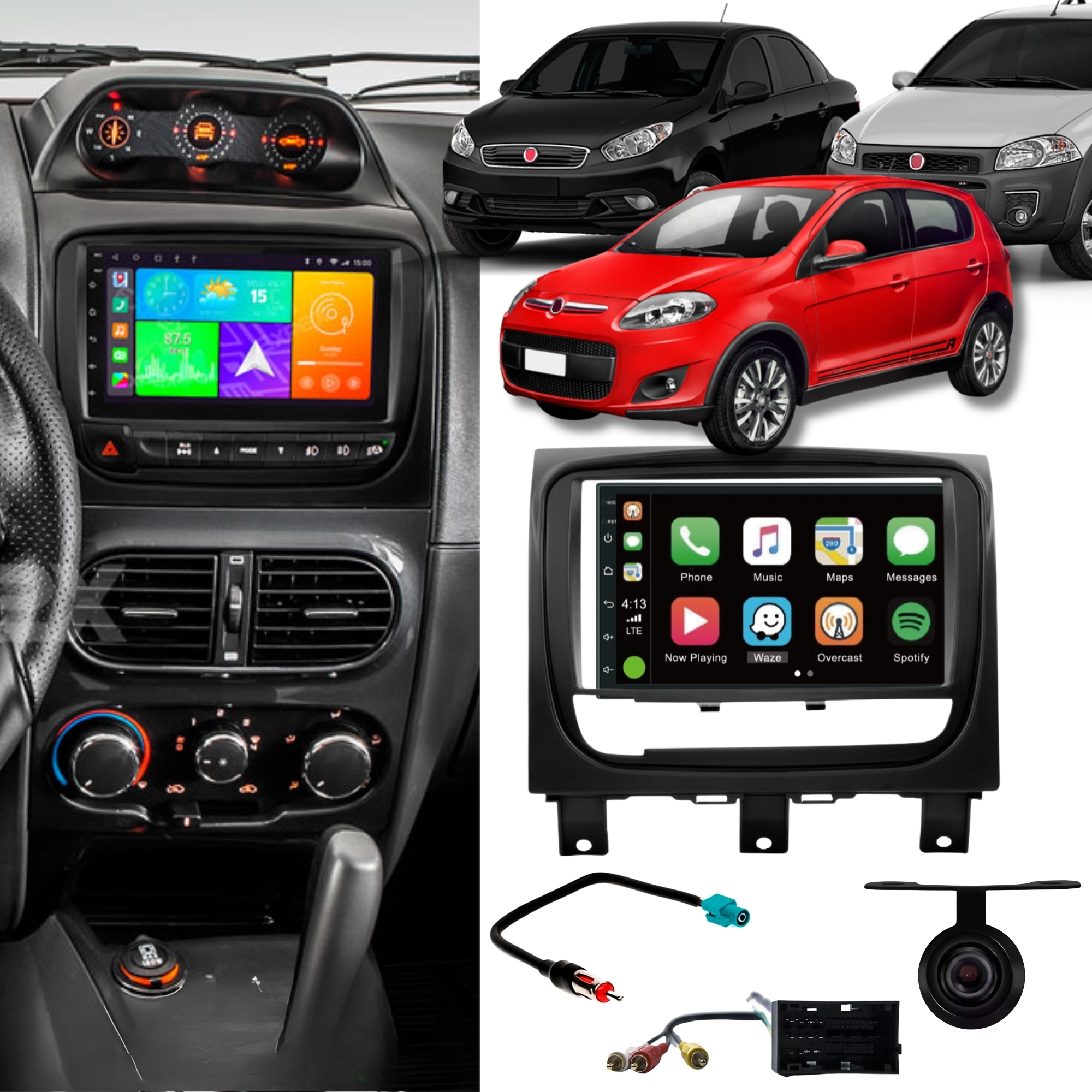 Multimidia Strada/Siena/Palio Android 12 Tela IPS 7 Pol. HT-6023CA Bluetooth Android Auto Carplay +Moldura Chicotes
