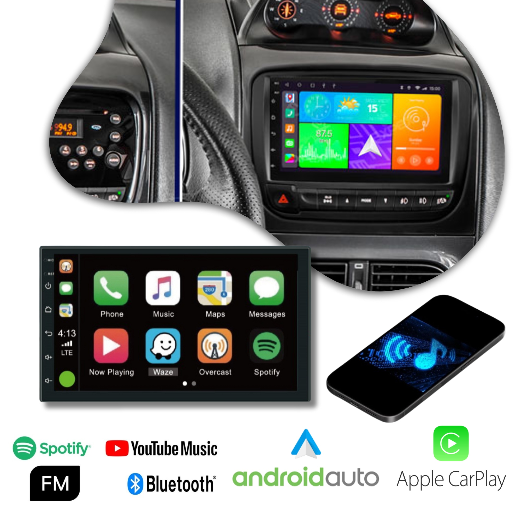 Multimidia Strada/Siena/Palio Android 12 Tela IPS 7 Pol. HT-6023CA Bluetooth Android Auto Carplay +Moldura Chicotes