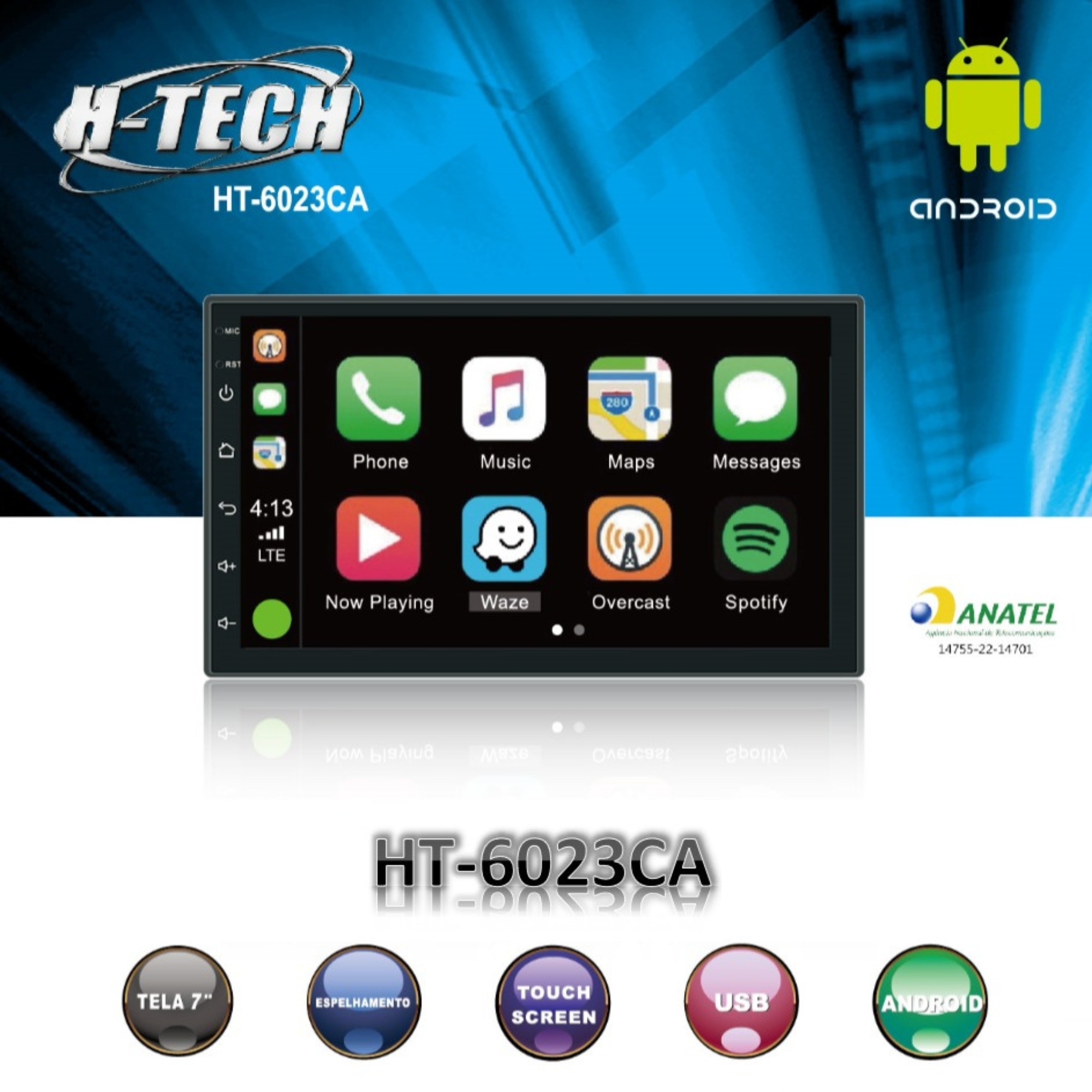 Multimidia Strada/Siena/Palio Android 12 Tela IPS 7 Pol. HT-6023CA Bluetooth Android Auto Carplay +Moldura Chicotes