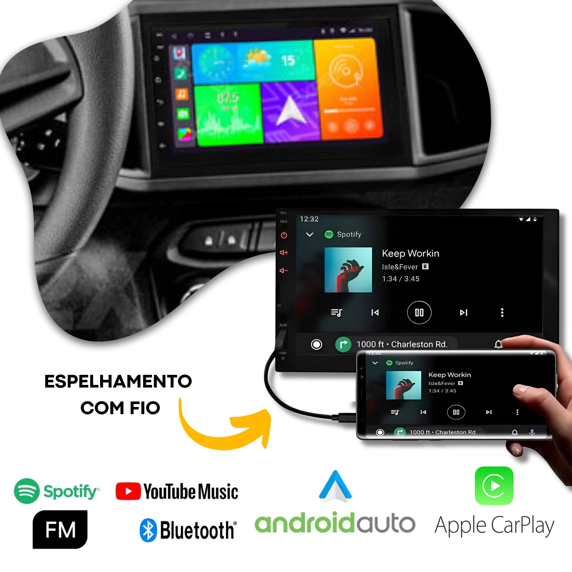 COMP Central Multimidia Onix/Prisma/Spin/Cobalt MP5 Tela 7 Pol HT-3000 Bluetooth Android Auto Carplay +Moldura e Chicote