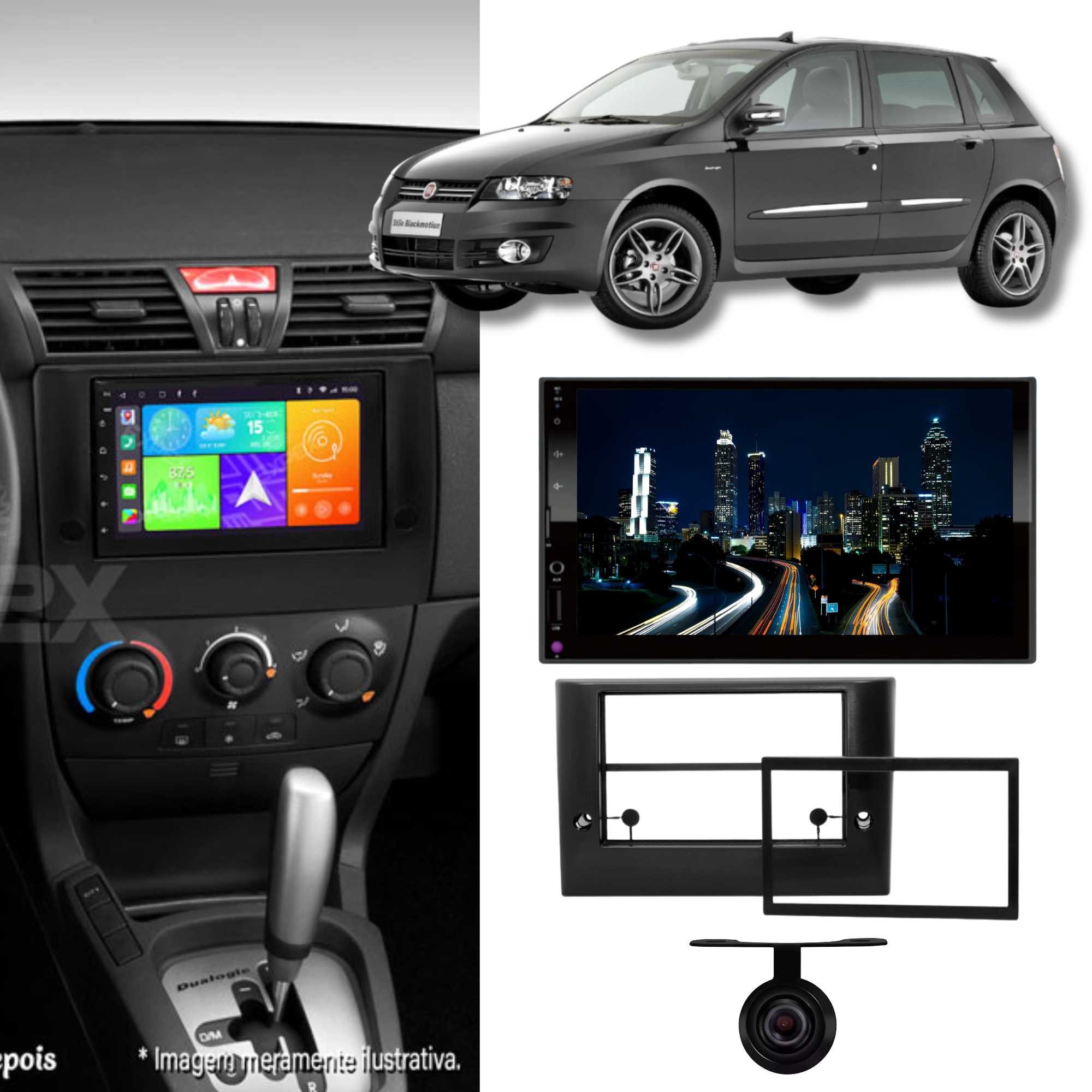 COMP Central Multimidia Stilo 2003/10 MP5 7 Pol Android + Moldura + Chicote + Câmera de Ré HT-3000