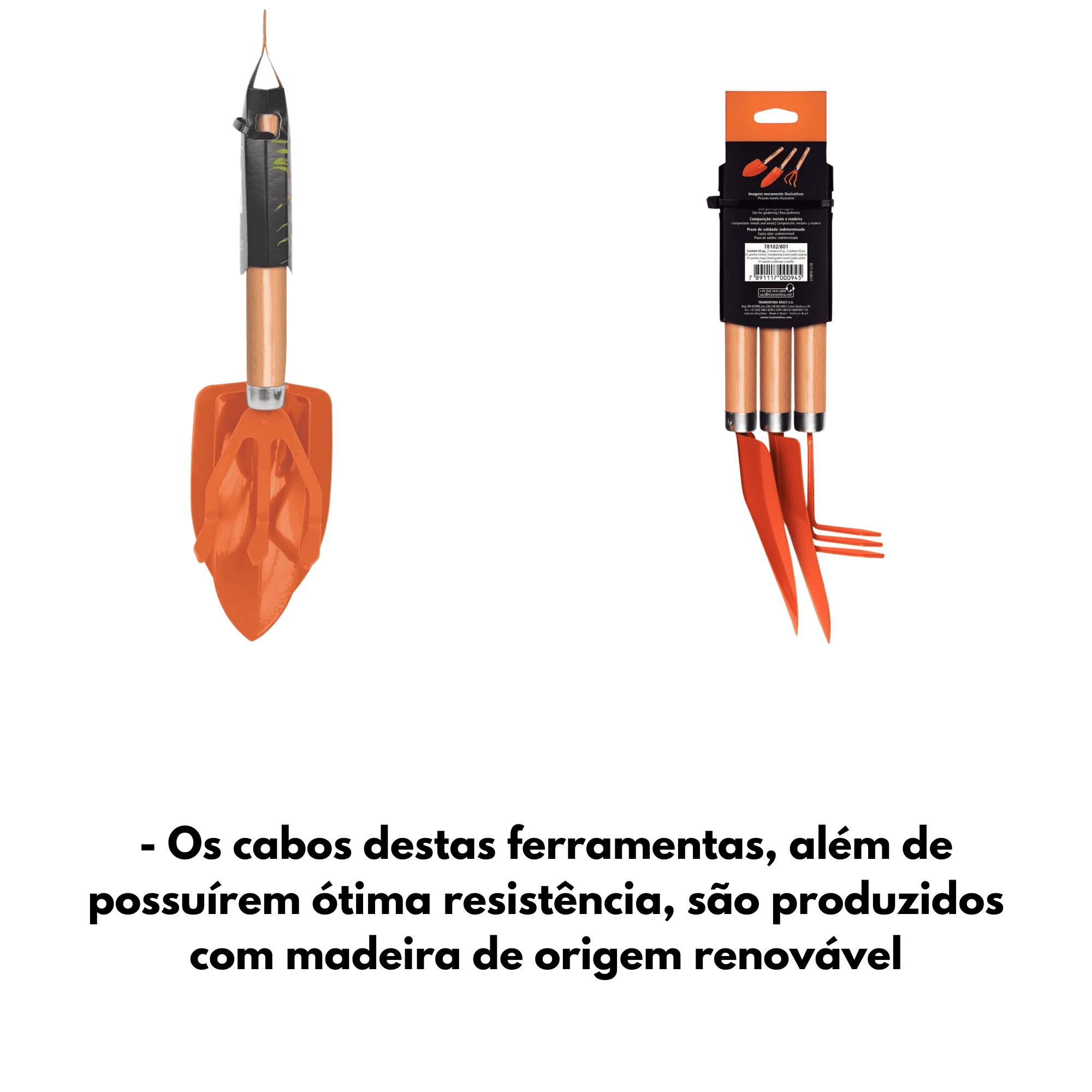 Conjunto para Jardim 3 Peças Metálicas Cabo de Madeira Ancinho e Pazinhas Tramontina - 78102801