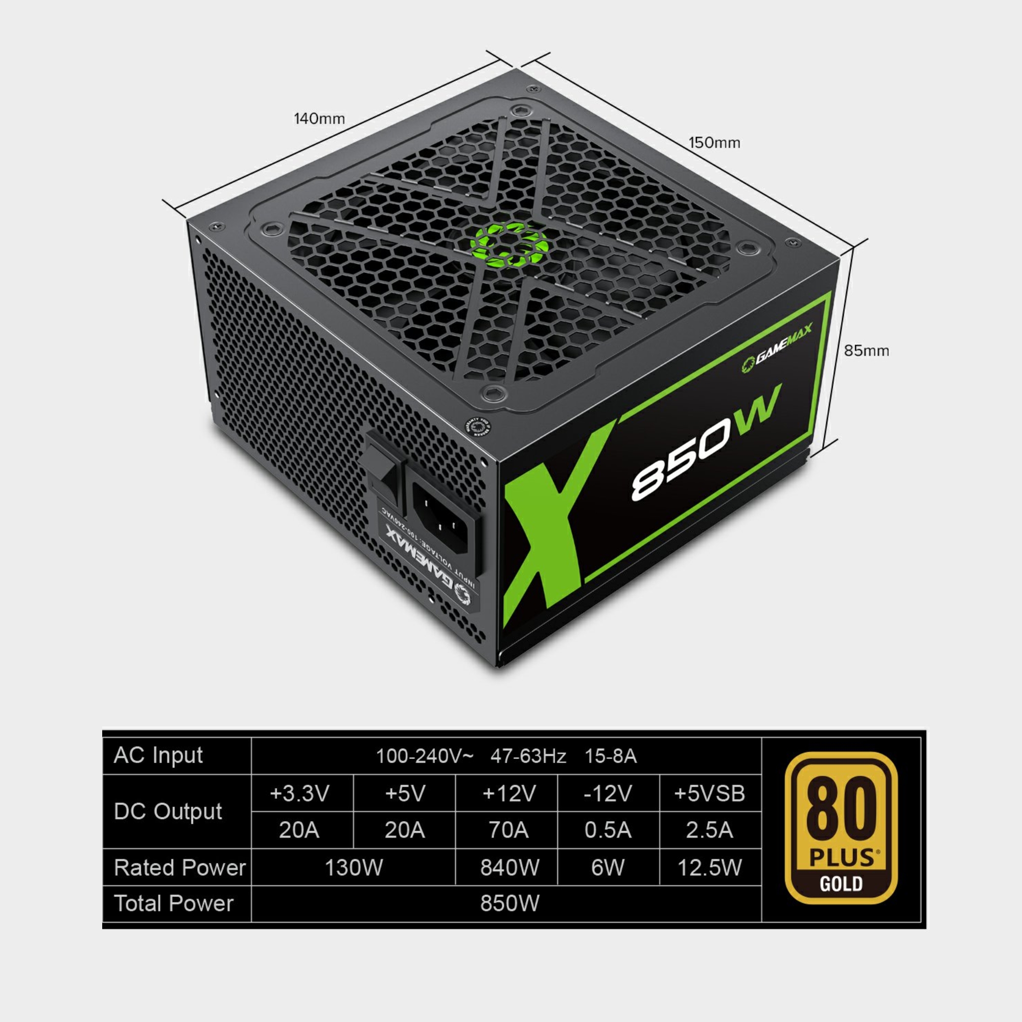 Fonte ATX 850W Gamer Full Modular GX850 Real 80 Plus Gold PFC Ativo Preta Gamemax