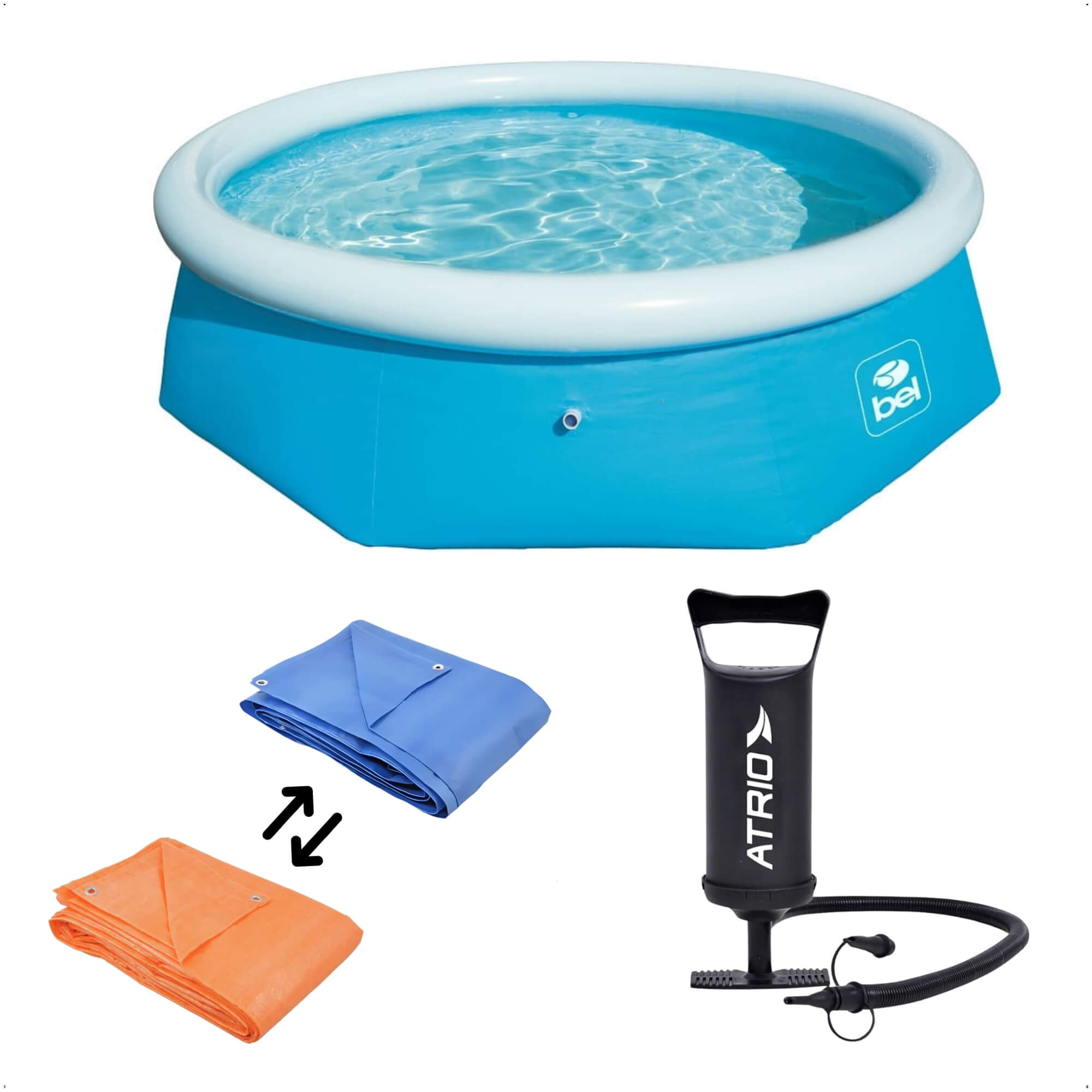 COMP Kit Piscina Inflável Azul 2.700L capacidade de até 3 Adultos + Lona 4x4 de Cobertura + Bomba de Ar Manual