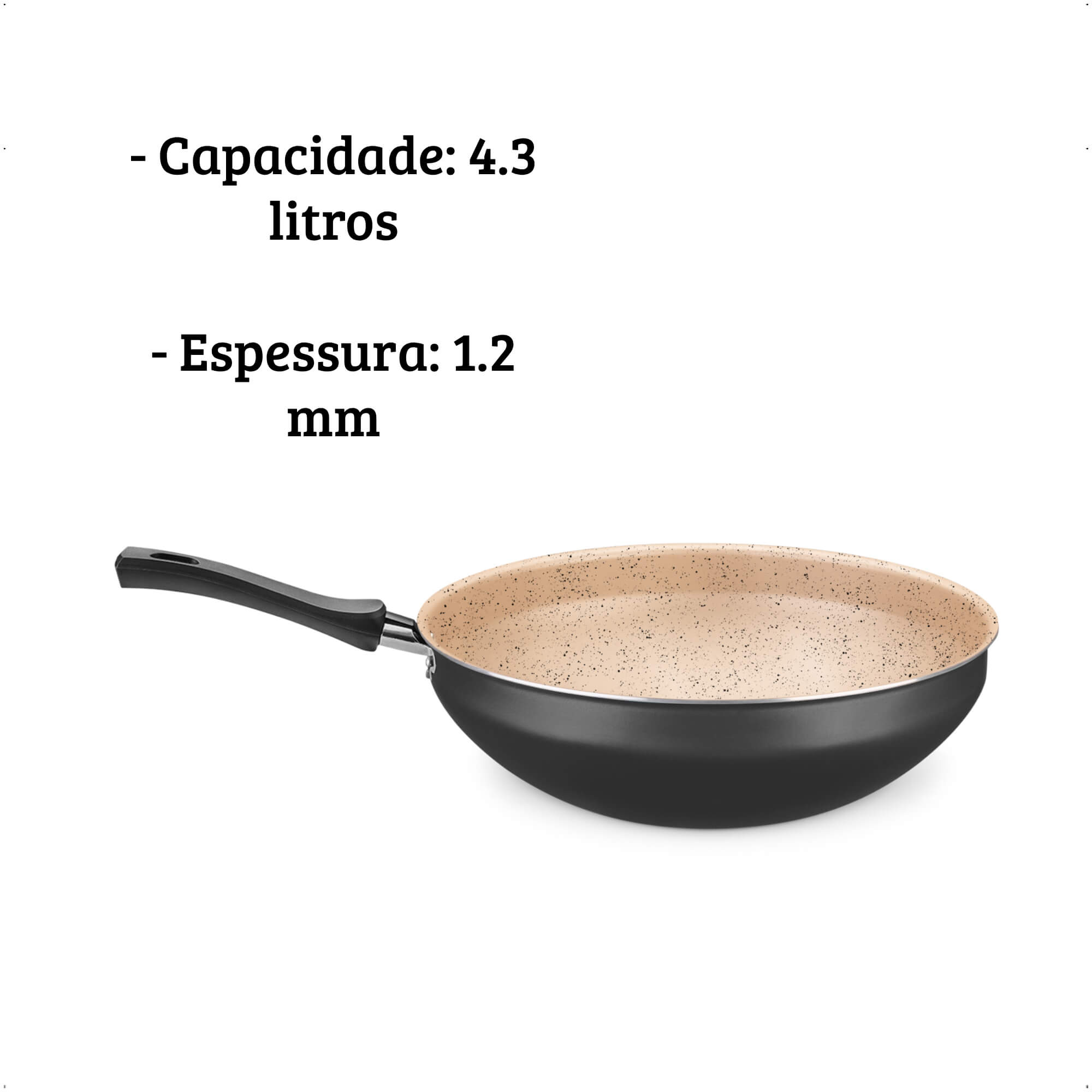 Panela Wok N28 4,3L de Aluminio com Antiaderente cor Preto e Bege MTA - 8503