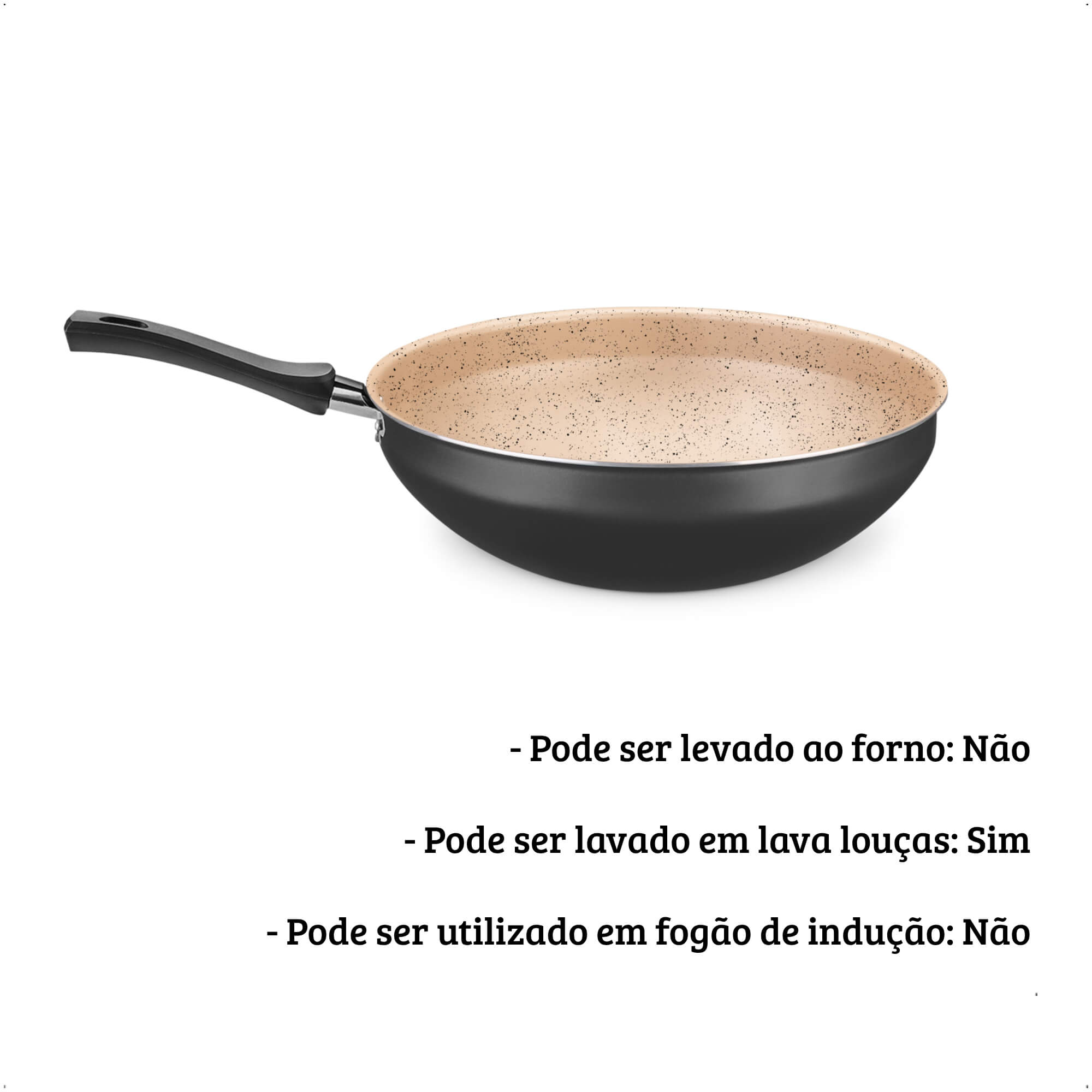 Panela Wok N28 4,3L de Aluminio com Antiaderente cor Preto e Bege MTA - 8503
