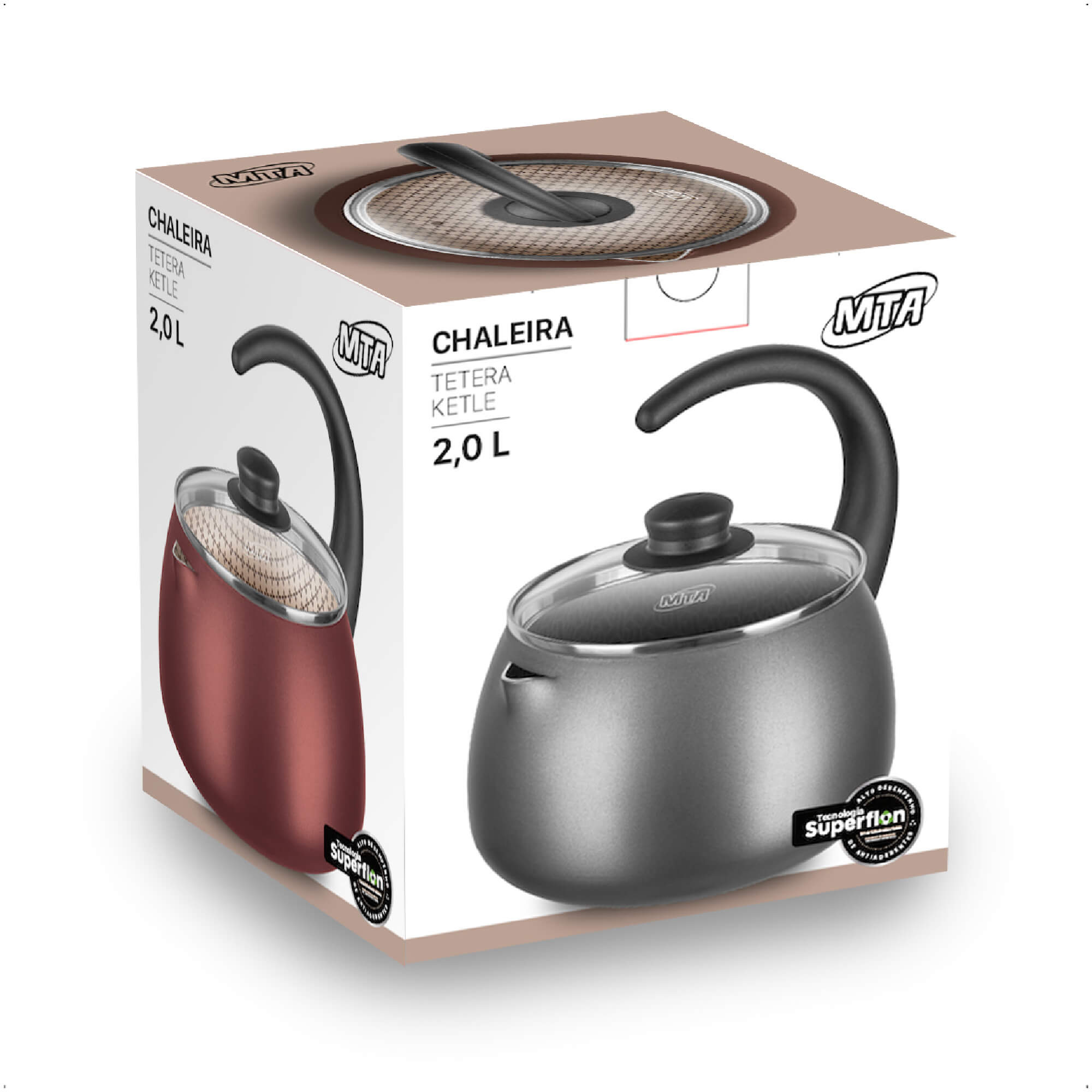 Chaleira Antiaderente Linha Flora com Tampa de Vidro 2L em Alumínio Marrom Chocolate MTA - 901