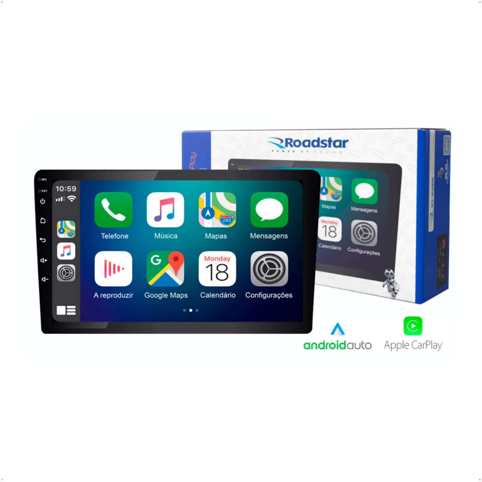 Multimidia Carplay Android Auto MP5 Slim 9" polegadas USB/Rádio/Bluetooth Roadstar - RS908BR MI