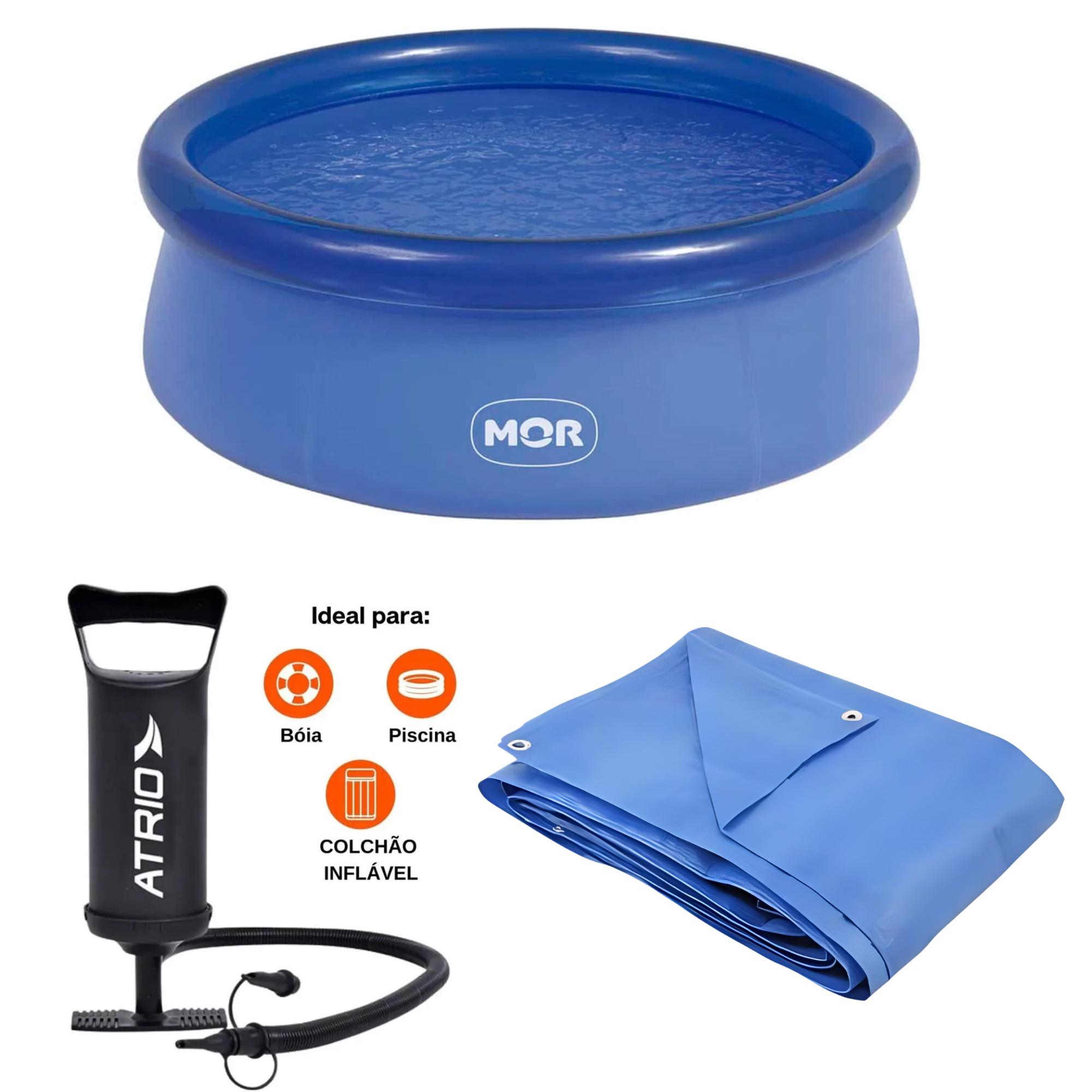 COMP Piscina Borda Inflável PVC 4600 Litros Com Kit Reparo e Bomba de Ar para Inflar e Desinflar 2 bicos e Lona 4x4 Azul