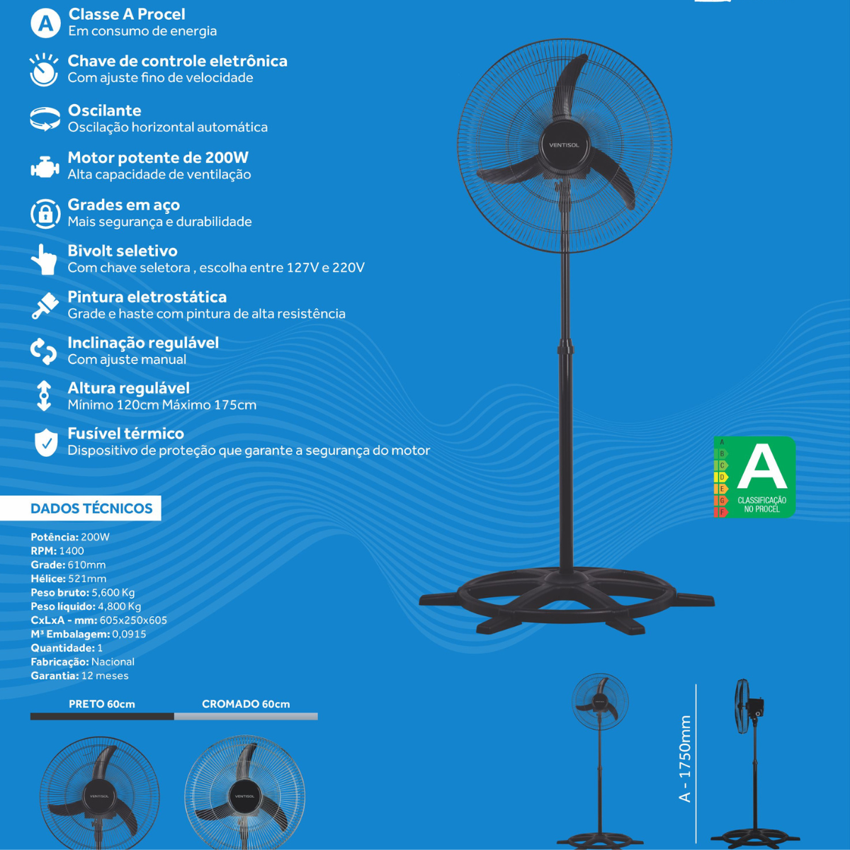 Ventilador de Coluna comercial Oscilante Bivolt 60cm Preto Agratto classificação A  - Ventisol
